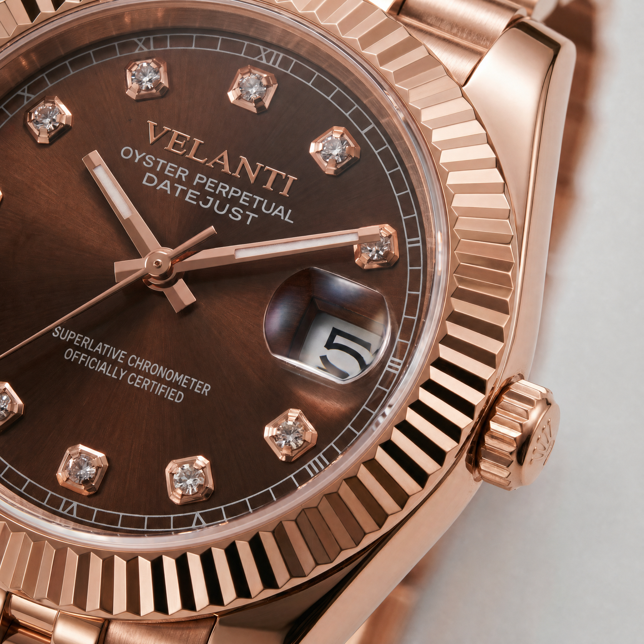 Datejust-style automatic watch, Velanti Milano Veljust Chocolate Crystals Rose Gold, watch detail photo