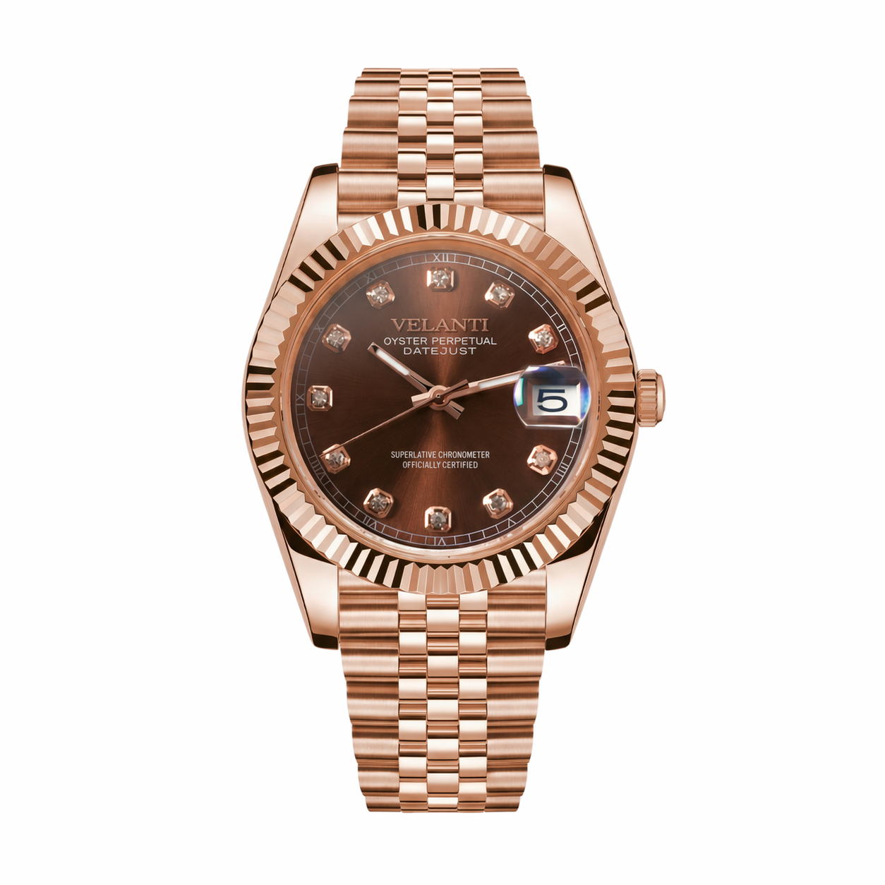 Datejust-style automatic watch, Velanti Milano Veljust Chocolate Crystals Rose Gold, main product photo