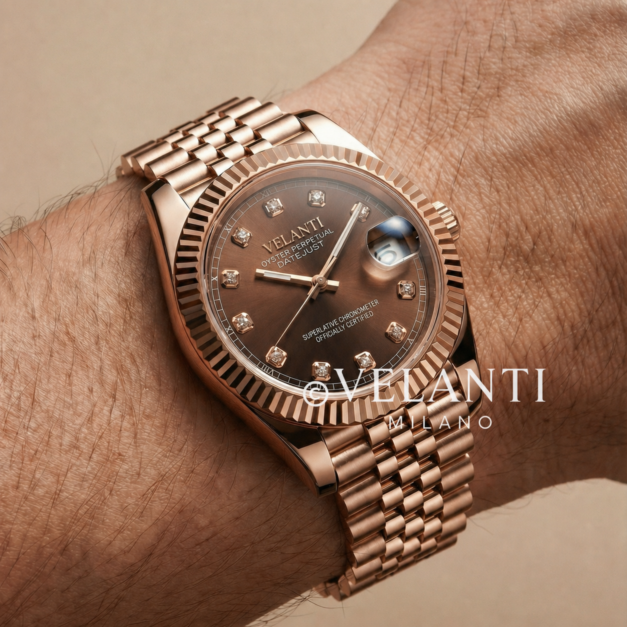 Datejust-style automatic watch, Velanti Milano Veljust Chocolate Crystals Rose Gold, product photo 2