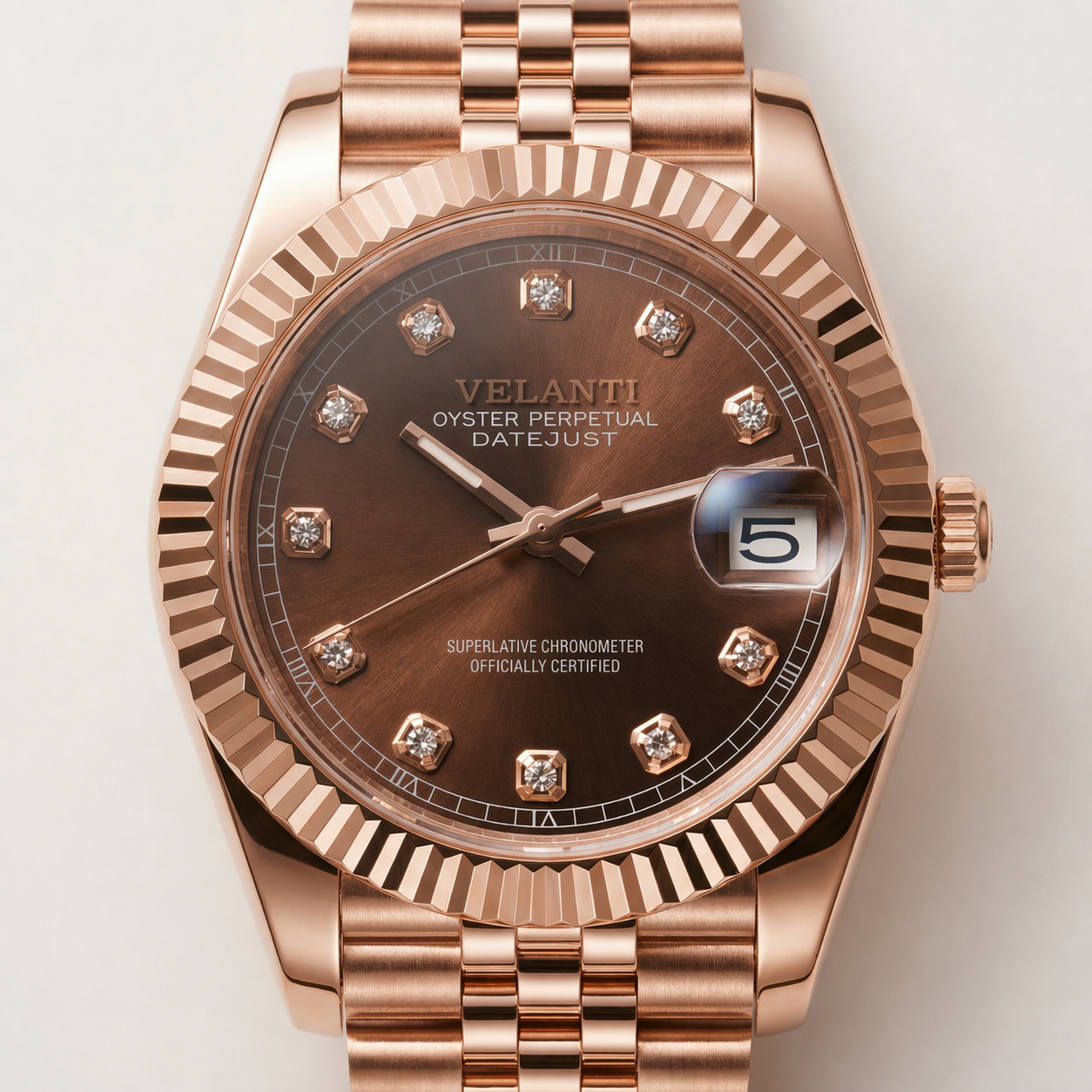 Datejust-style automatic watch, Velanti Milano Veljust Chocolate Crystals Rose Gold, product photo 3