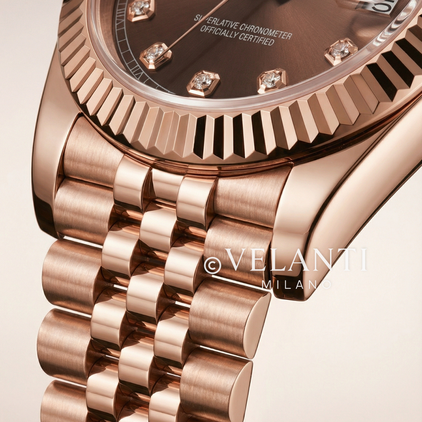 Datejust-style automatic watch, Velanti Milano Veljust Chocolate Crystals Rose Gold, product photo 6