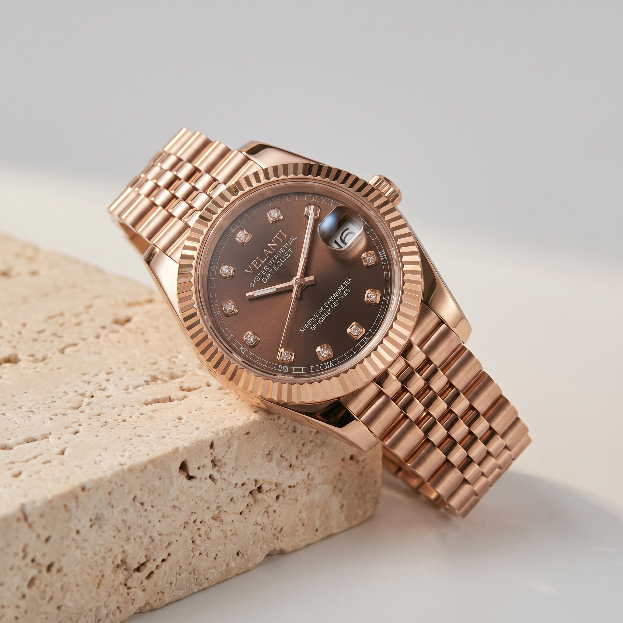 Datejust-style automatic watch, Velanti Milano Veljust Chocolate Crystals Rose Gold, product photo 4