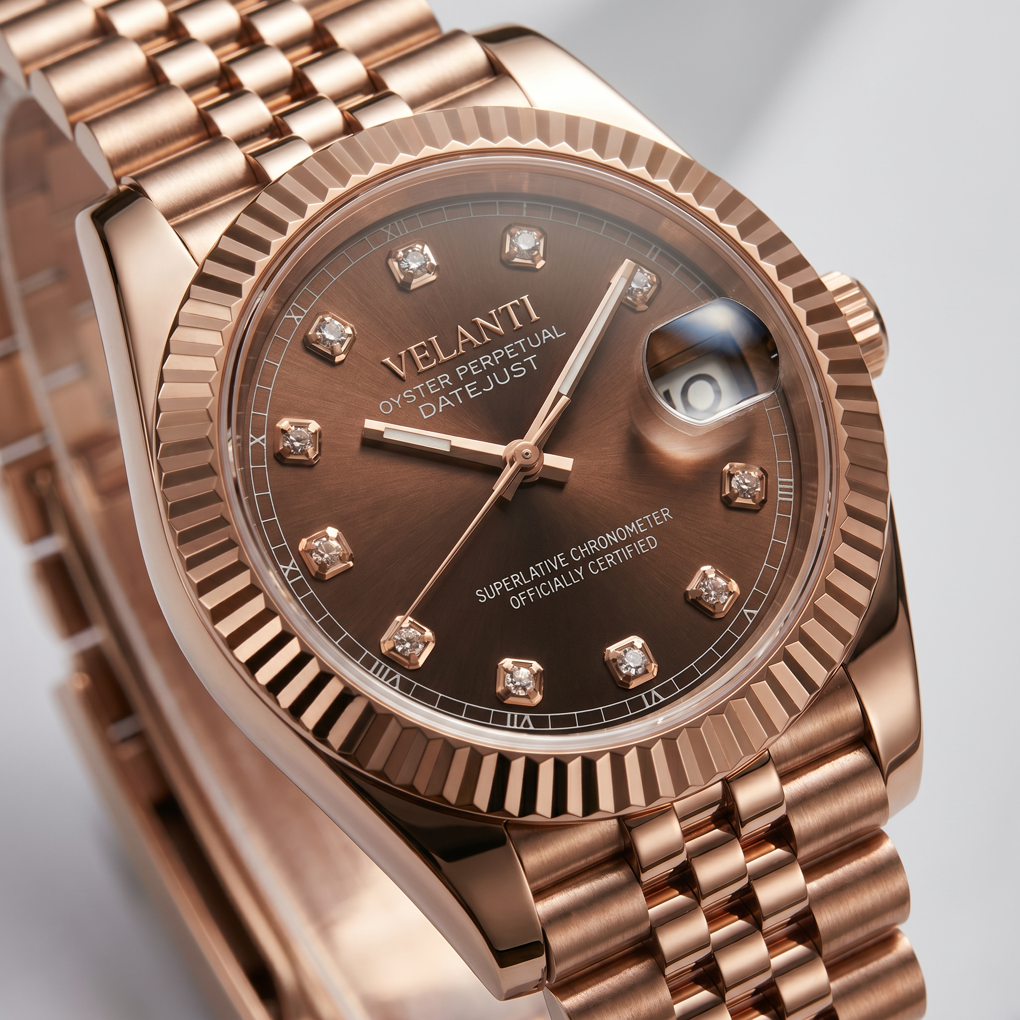 Datejust-style automatic watch, Velanti Milano Veljust Chocolate Crystals Rose Gold, product photo 5