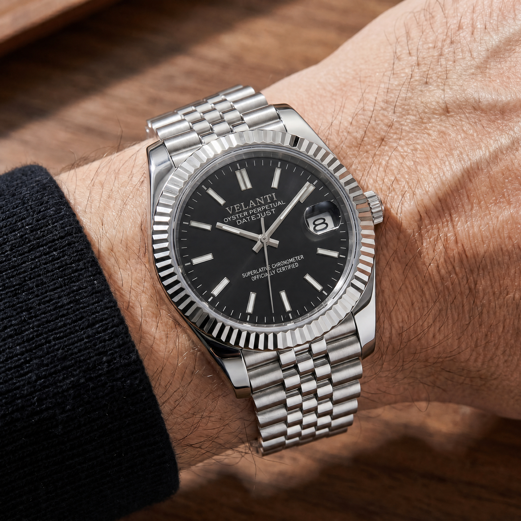 Datejust-style automatic watch, Velanti Milano Veljust Classic Black worn on wrist photo 6