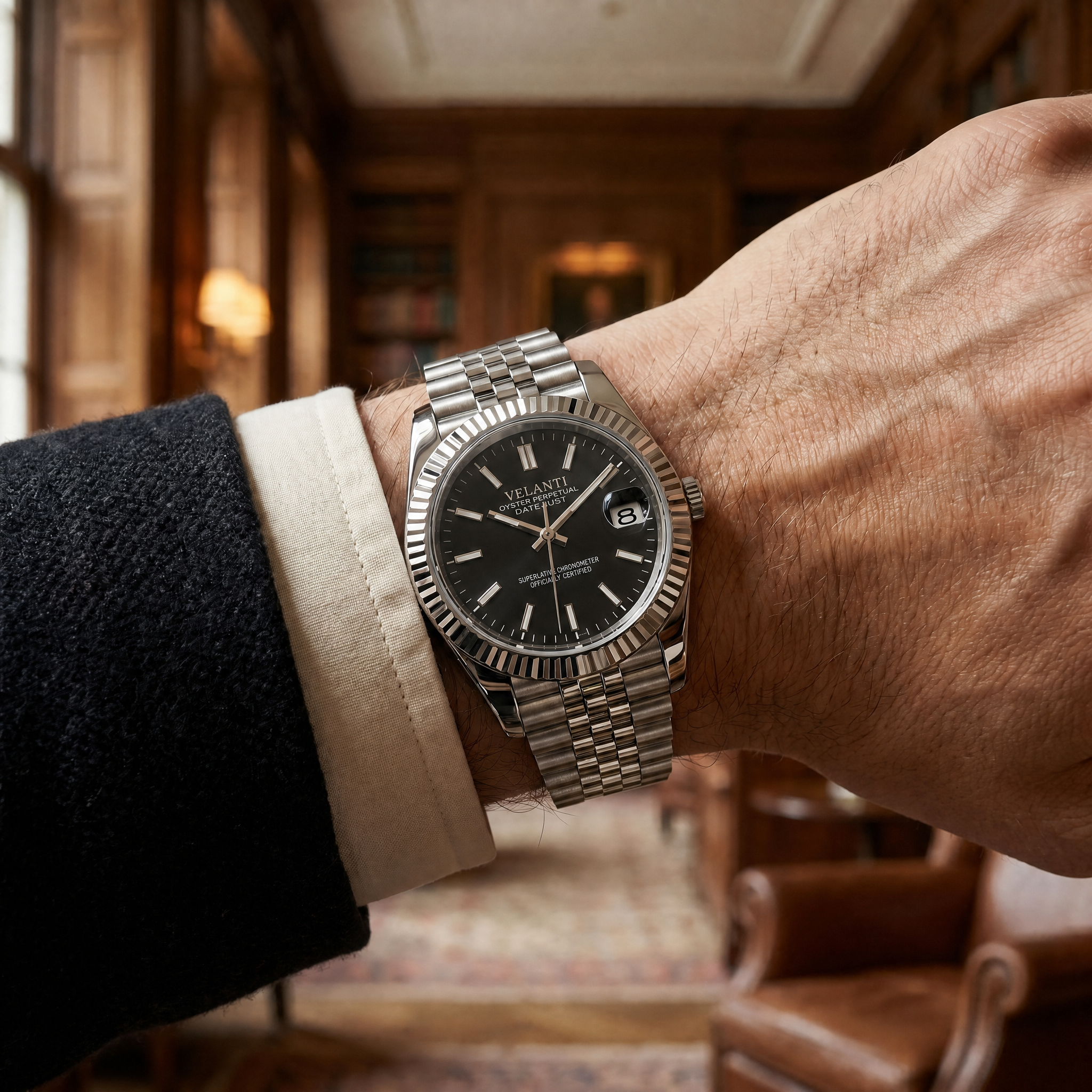 Datejust-style automatic watch, Velanti Milano Veljust Classic Black, product photo 8