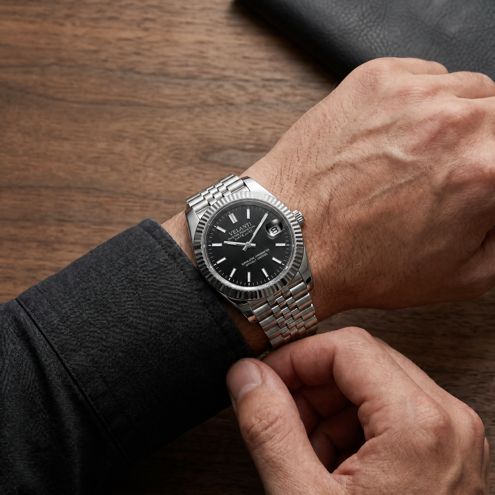 Datejust-style automatic watch, Velanti Milano Veljust Classic Black worn on wrist photo 9