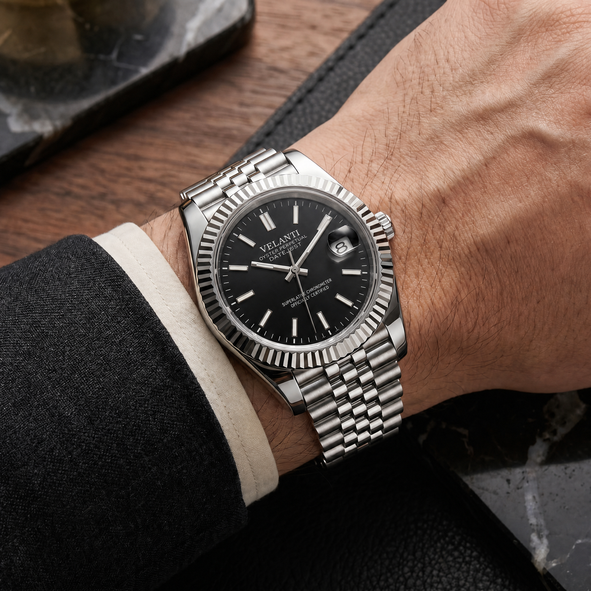 Datejust-style automatic watch, Velanti Milano Veljust Classic Black worn on wrist photo 10