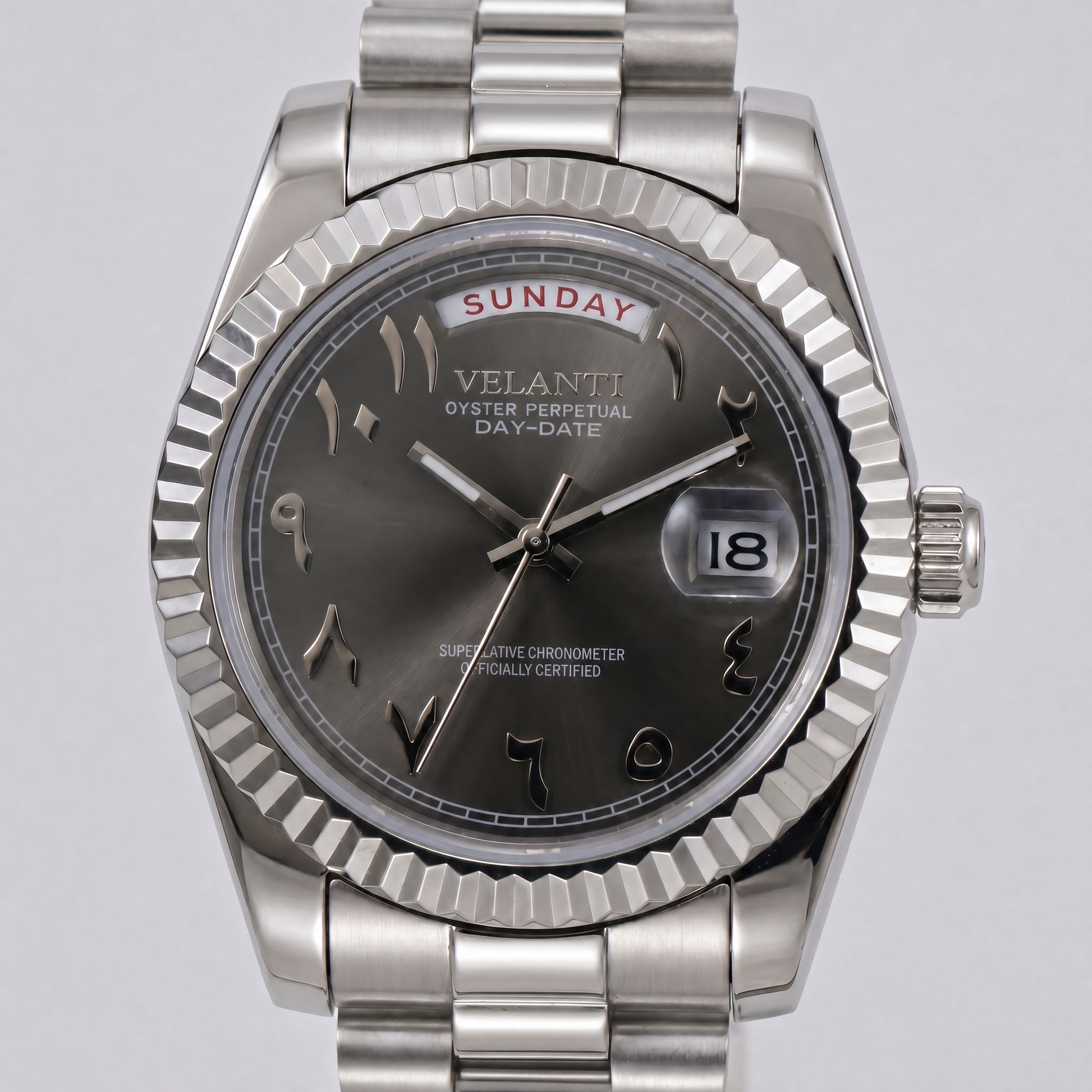 Datejust-style custom automatic watch, Velanti Milano Veljust Daydate Arabic Deep Grey, watch detail photo