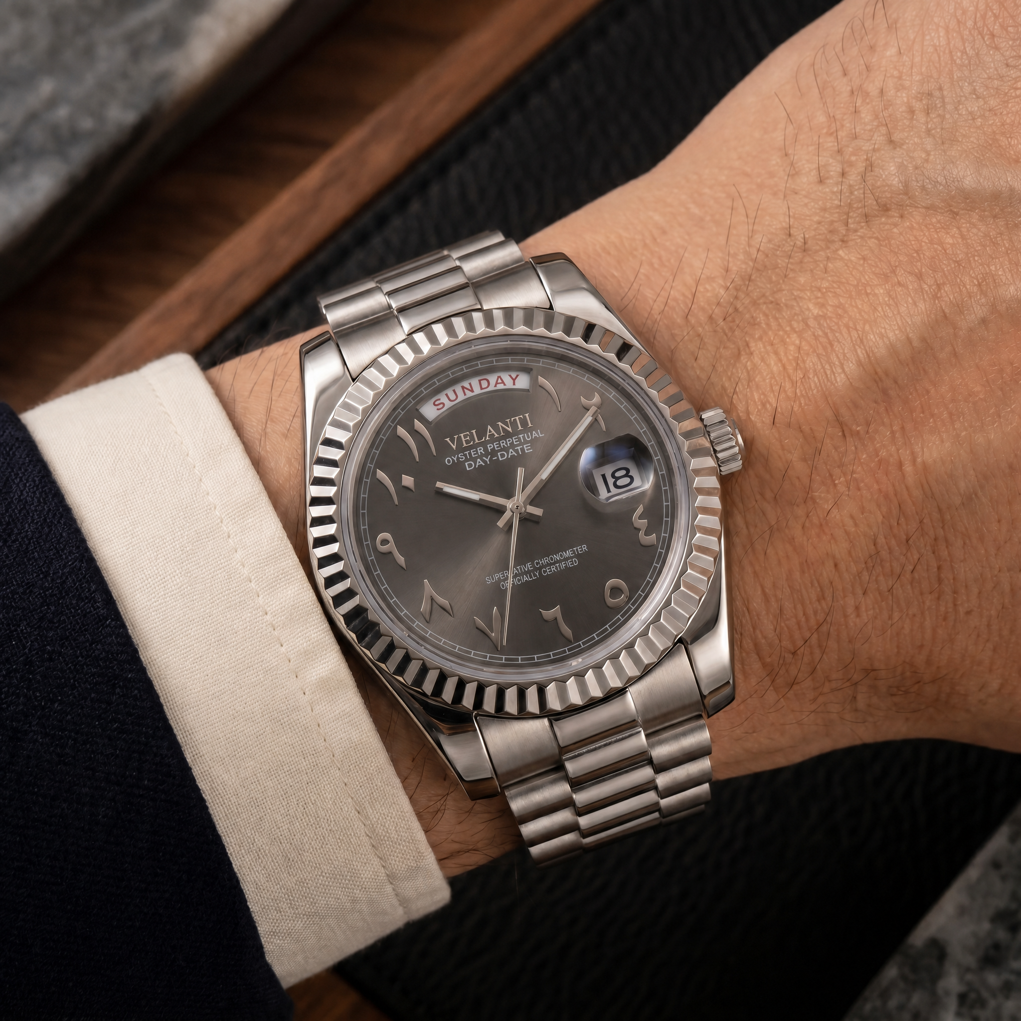 Datejust-style automatic watch, Velanti Milano Veljust Daydate Arabic Deep Grey worn on wrist