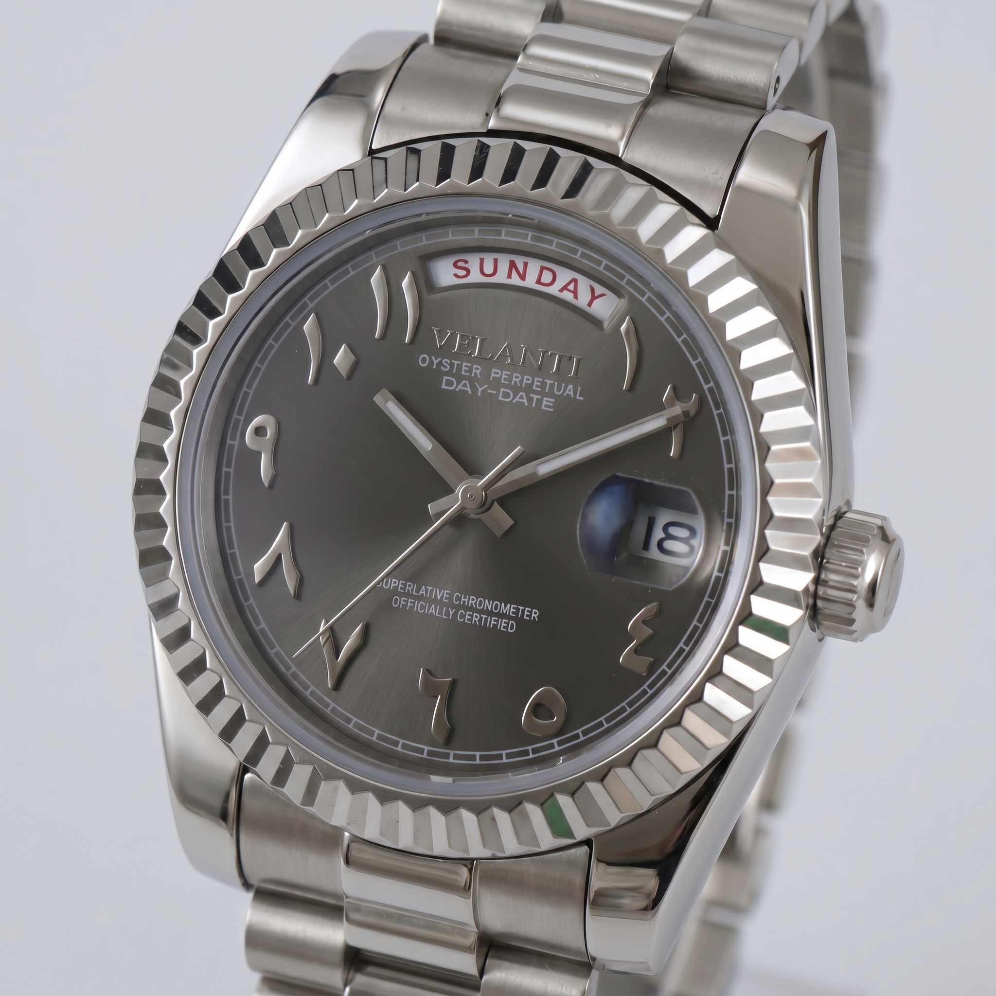 Datejust-style automatic watch, Velanti Milano Veljust Daydate Arabic Deep Grey, product photo 3