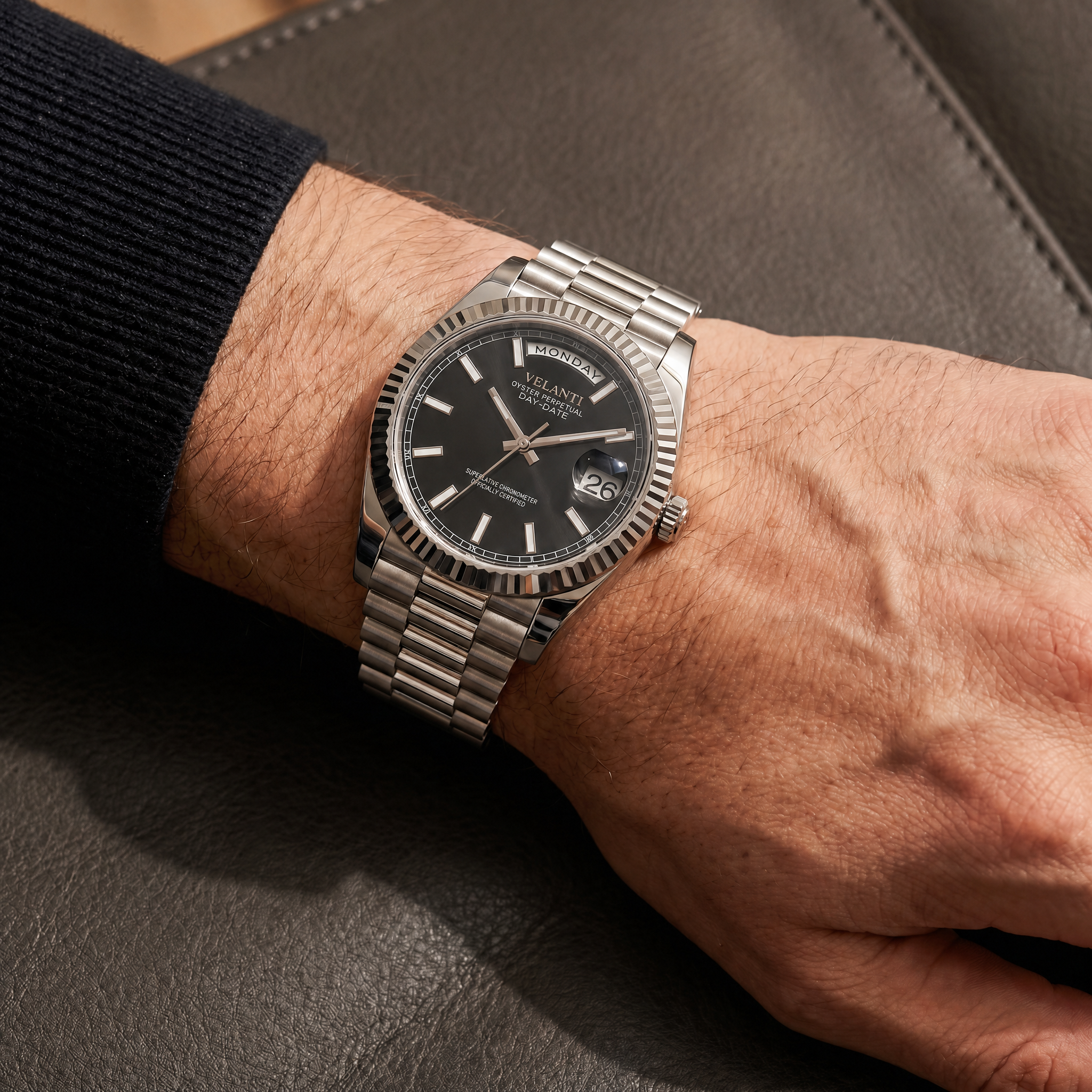 Datejust-style automatic watch, Velanti Milano Veljust Daydate Classic Black worn on wrist photo 8