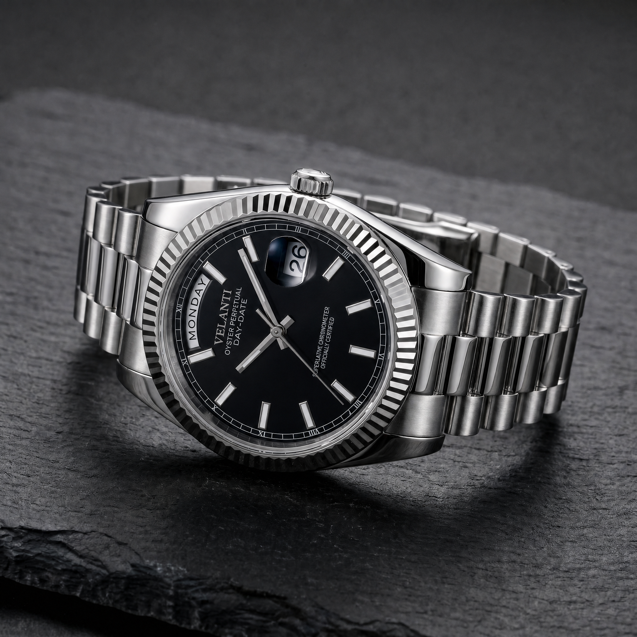 Datejust-style automatic watch, Velanti Milano Veljust Daydate Classic Black, bracelet detail photo