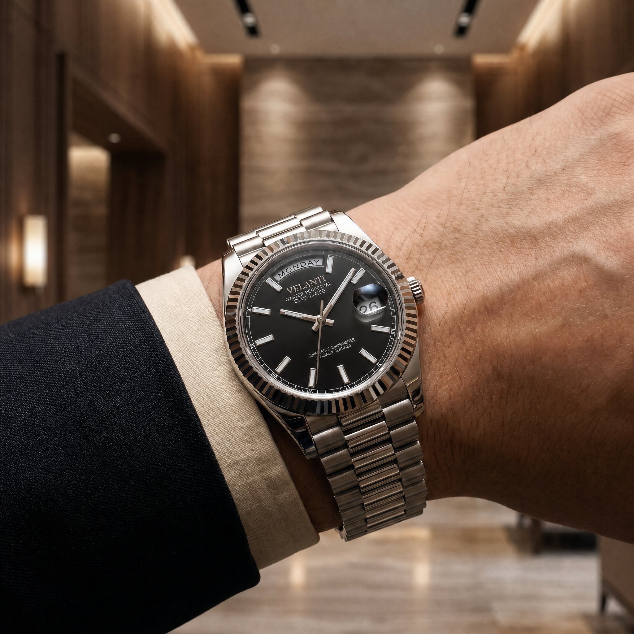 Datejust-style automatic watch, Velanti Milano Veljust Daydate Classic Black, product photo 10