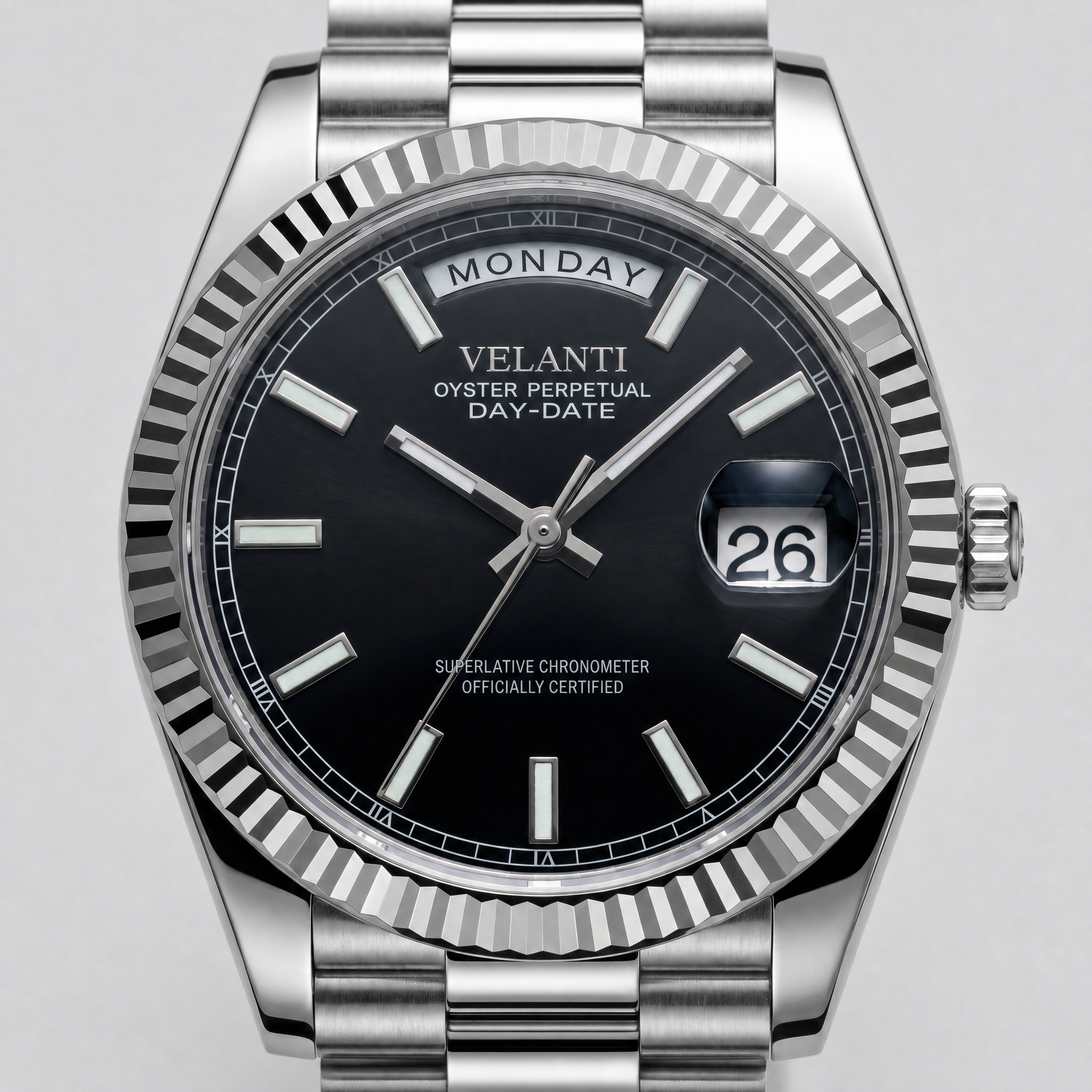 Datejust-style automatic watch, Velanti Milano Veljust Daydate Classic Black, watch detail photo 11