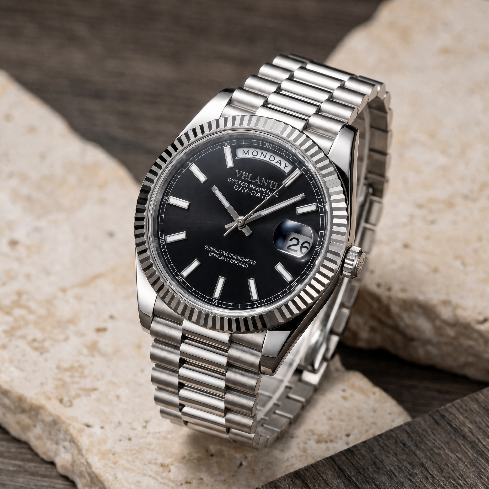 Datejust-style automatic watch, Velanti Milano Veljust Daydate Classic Black, watch detail photo 12
