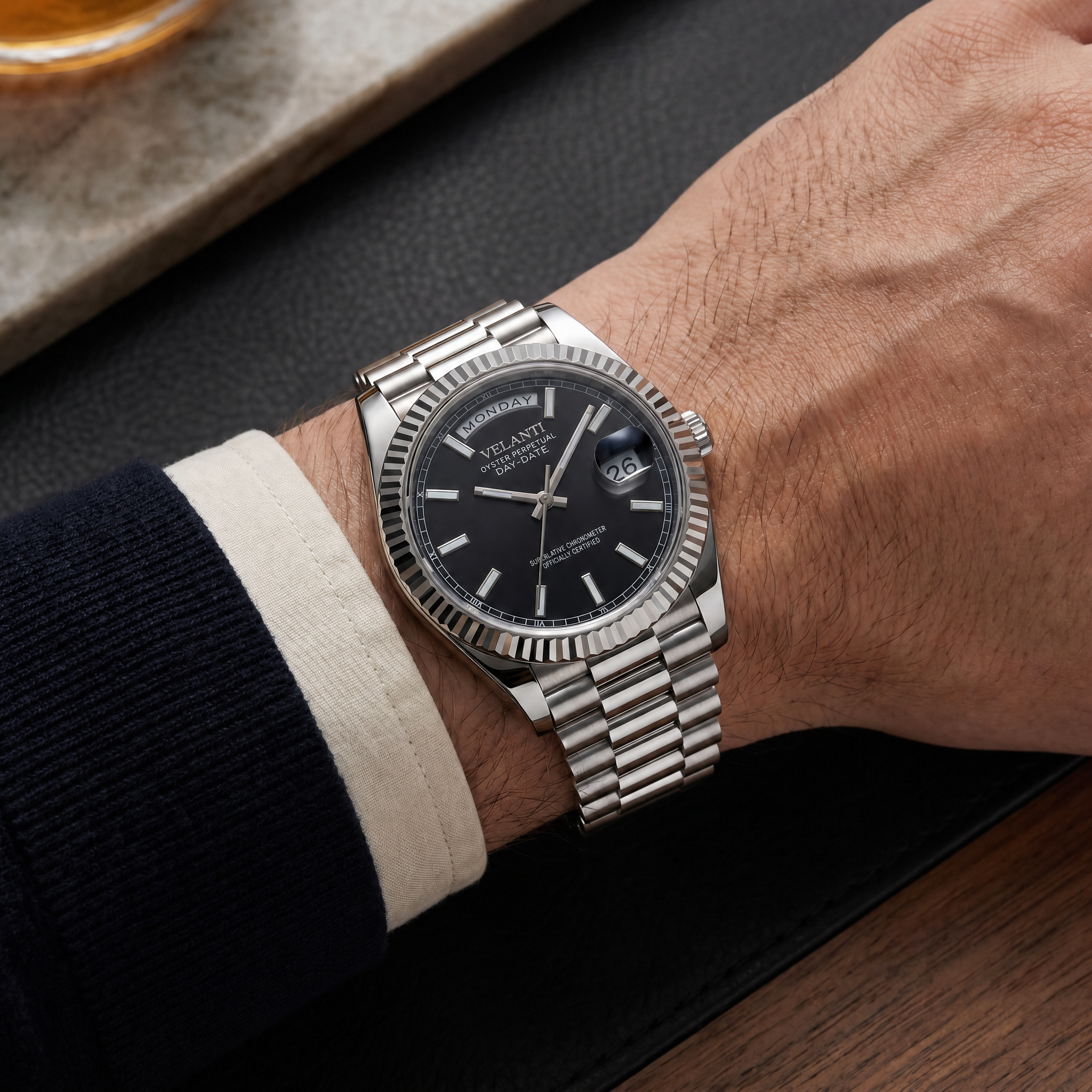 Datejust-style automatic watch, Velanti Milano Veljust Daydate Classic Black worn on wrist photo 13