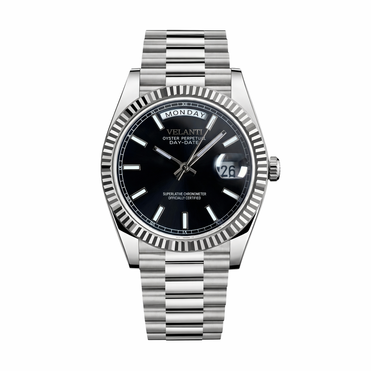 Datejust-style automatic watch, Velanti Milano Veljust Daydate Classic Black, main product photo