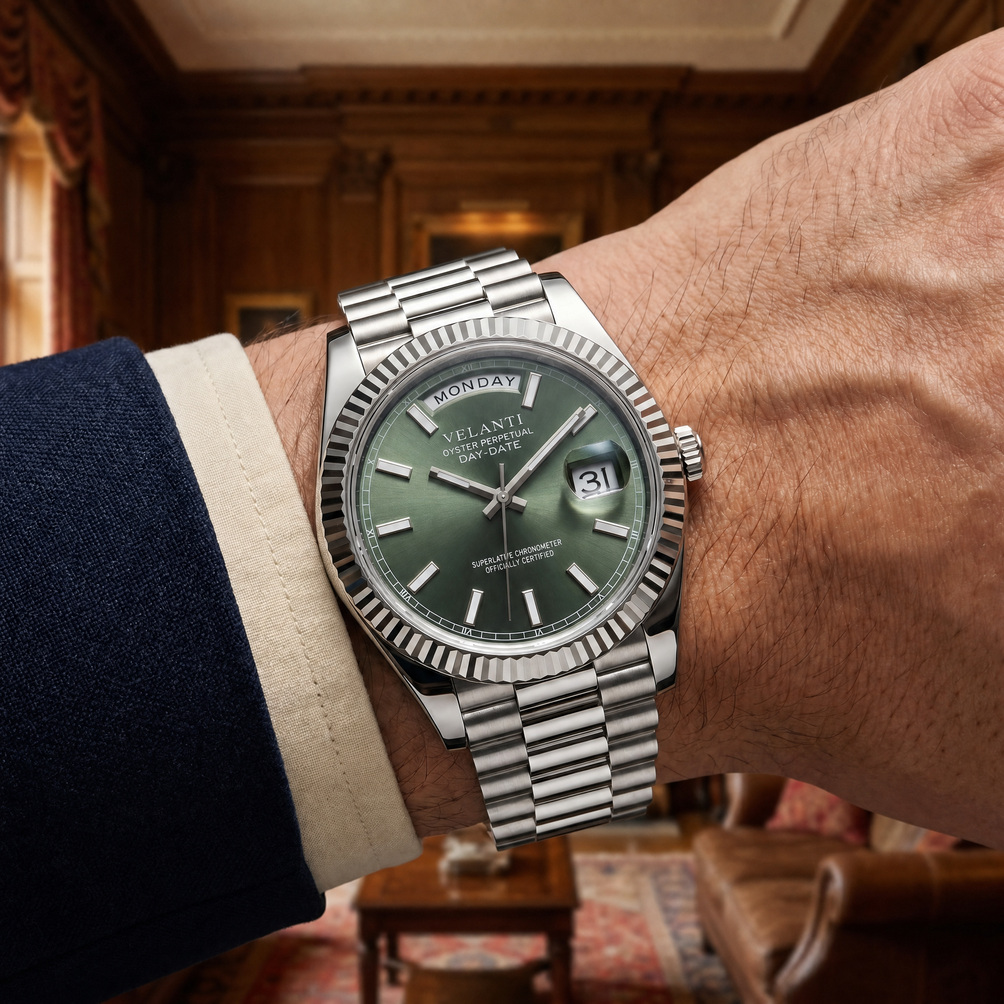Datejust-style automatic watch, Velanti Milano Veljust Daydate Mint Green, product photo 5