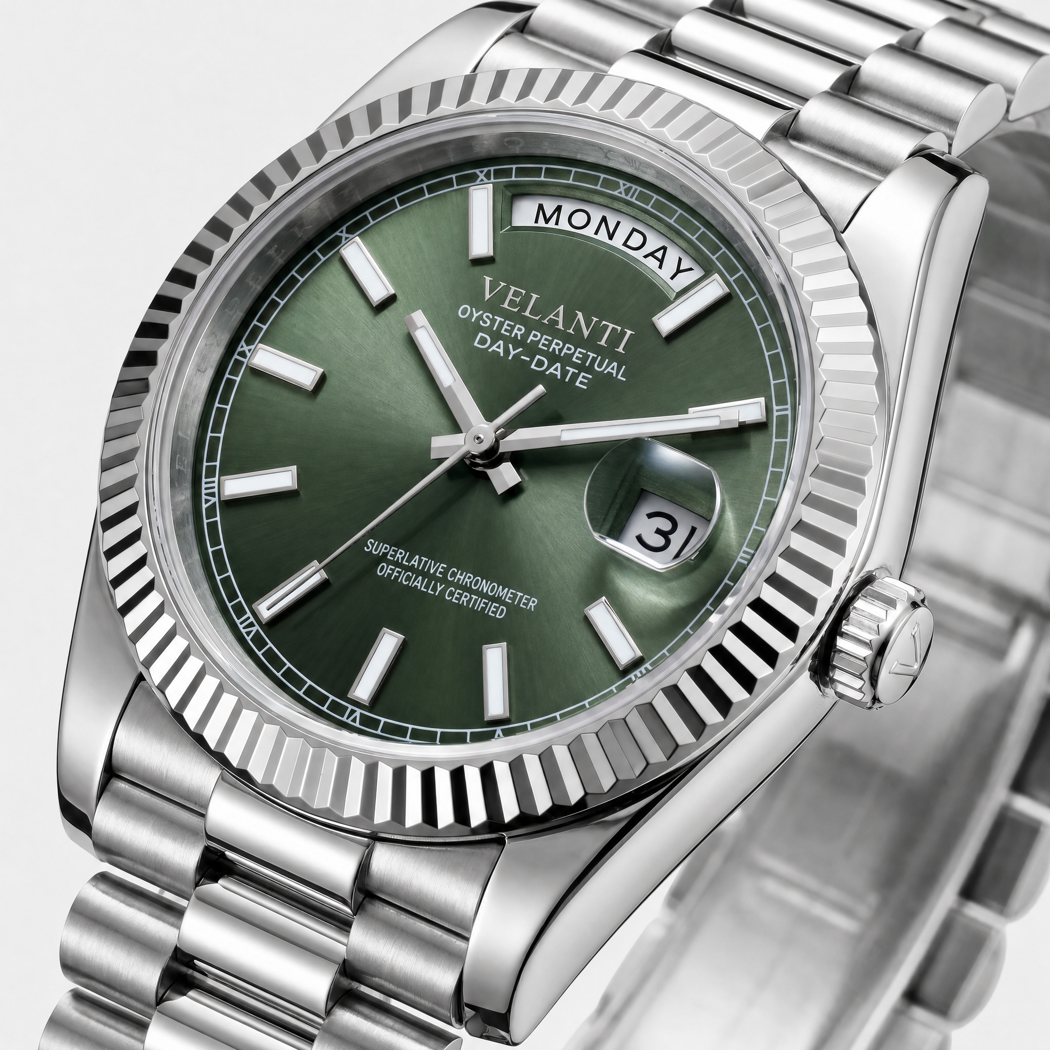 Datejust-style automatic watch, Velanti Milano Veljust Daydate Mint Green, watch detail photo 6