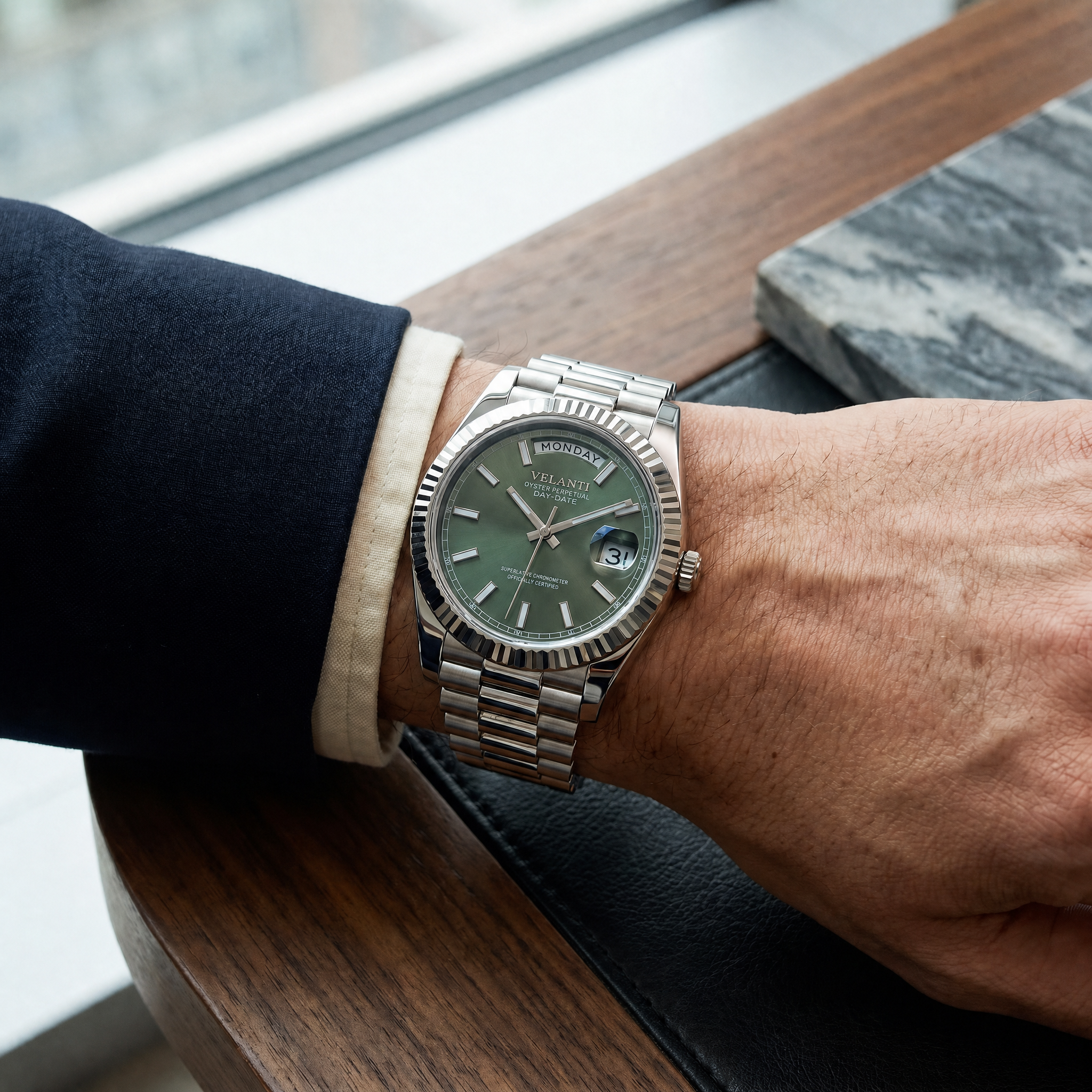 Datejust-style automatic watch, Velanti Milano Veljust Daydate Mint Green worn on wrist