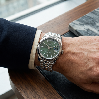 Datejust-style custom mod watch, Velanti Milano Veljust Daydate Mint Green worn on wrist