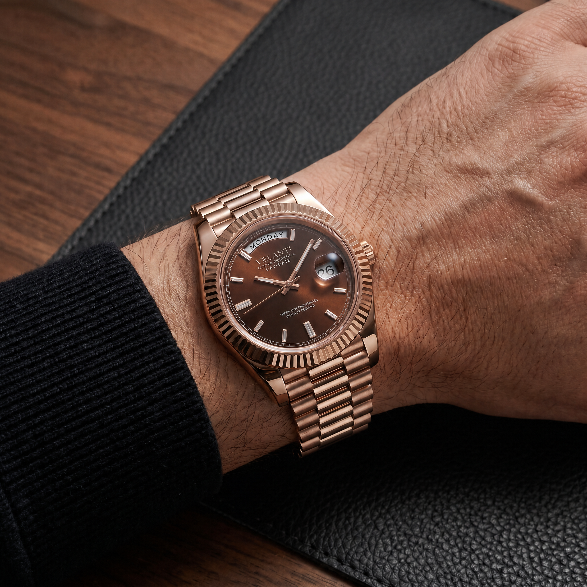 Datejust-style automatic watch, Velanti Milano Veljust Daydate Rose Gold Chocolate worn on wrist photo 6