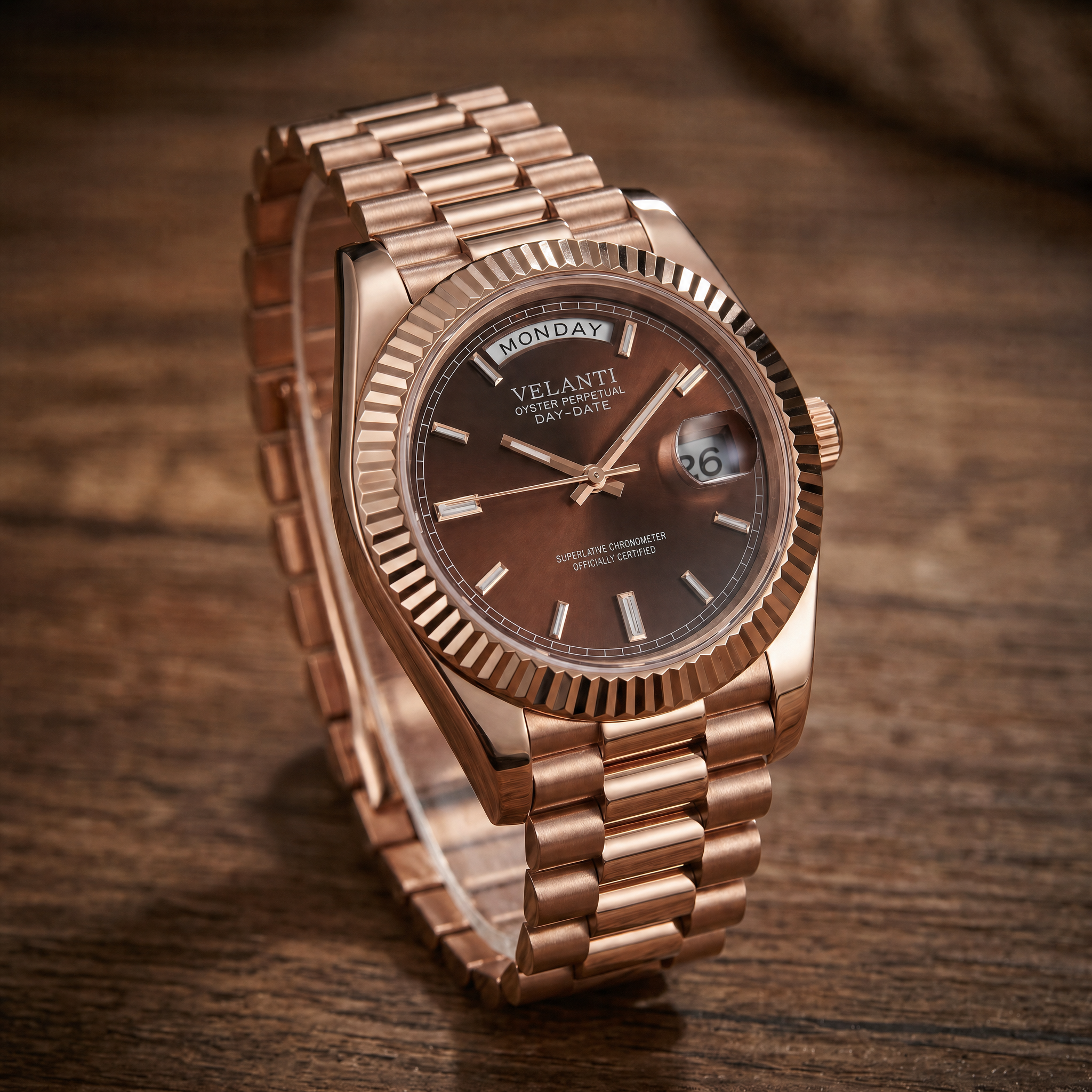 Datejust-style automatic watch, Velanti Milano Veljust Daydate Rose Gold Chocolate, bracelet detail photo