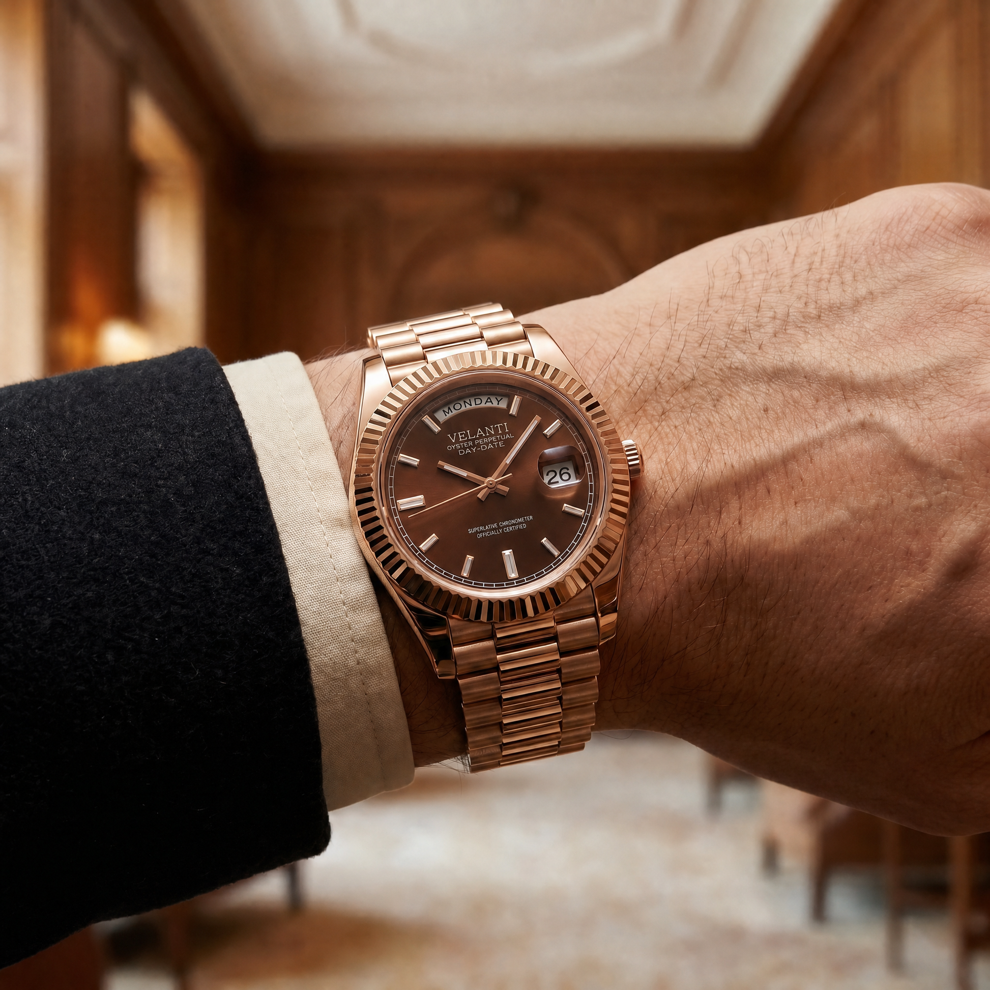 Datejust-style custom mod watch, Velanti Milano Veljust Daydate Rose Gold Chocolate, product photo 8