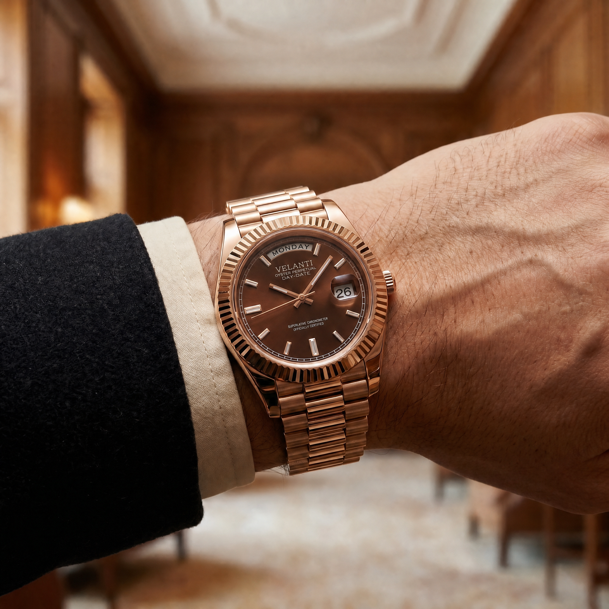 Datejust-style automatic watch, Velanti Milano Veljust Daydate Rose Gold Chocolate, product photo 8