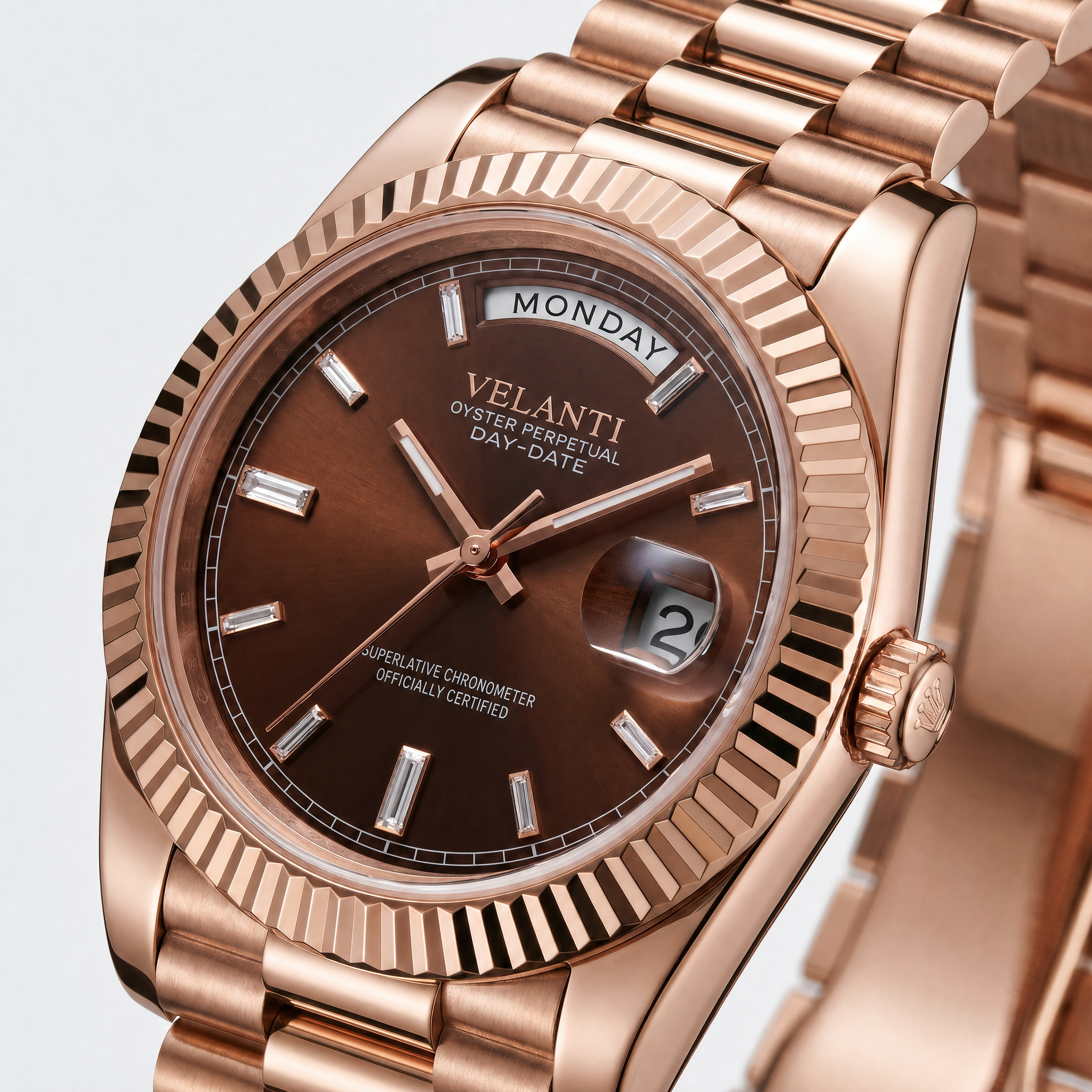 Datejust-style automatic watch, Velanti Milano Veljust Daydate Rose Gold Chocolate, watch detail photo