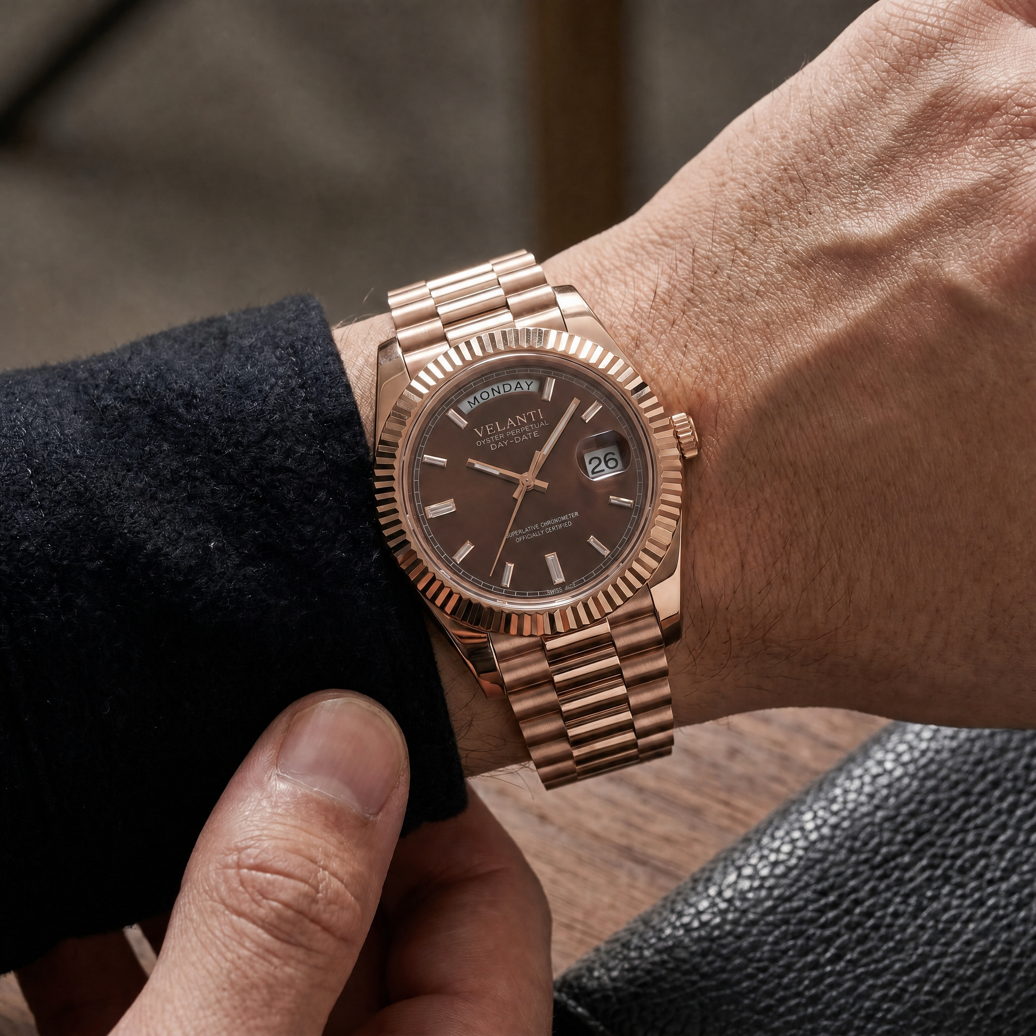 Datejust-style automatic watch, Velanti Milano Veljust Daydate Rose Gold Chocolate worn on wrist photo 10