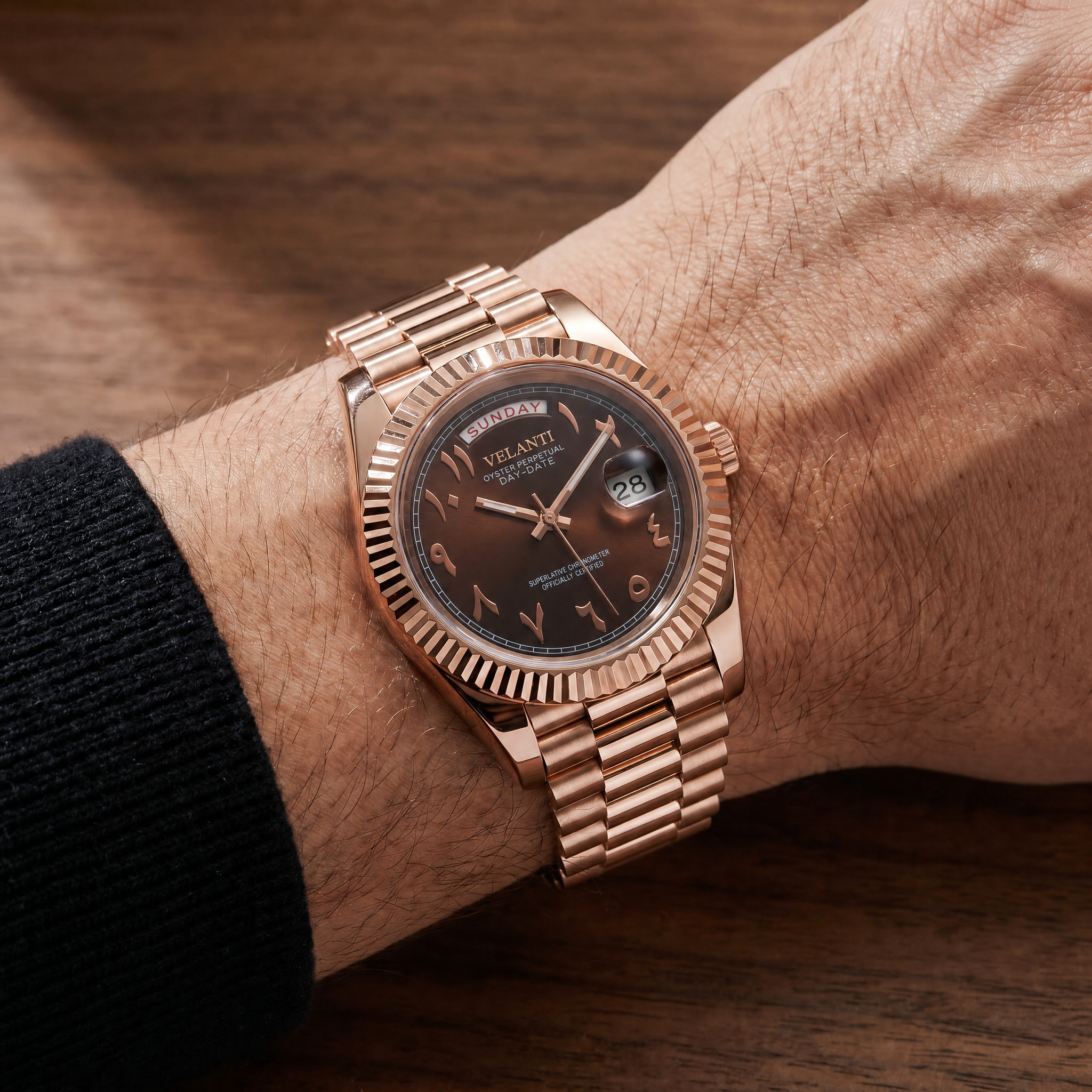 Datejust-style automatic watch, Velanti Milano Veljust Daydate Rose Gold Chocolate Arabic worn on wrist photo 3