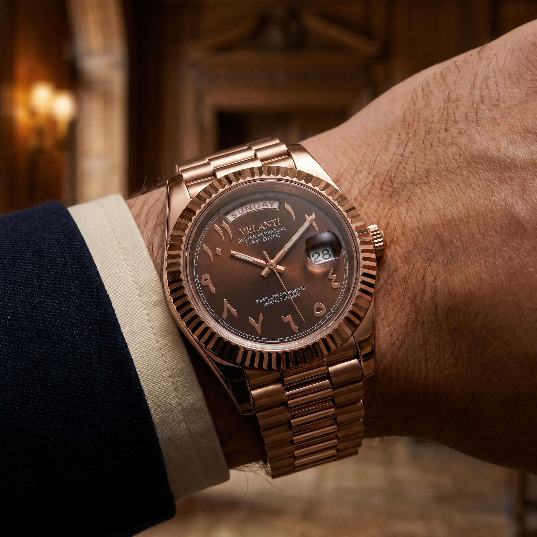 Datejust-style automatic watch, Velanti Milano Veljust Daydate Rose Gold Chocolate Arabic, product photo 4