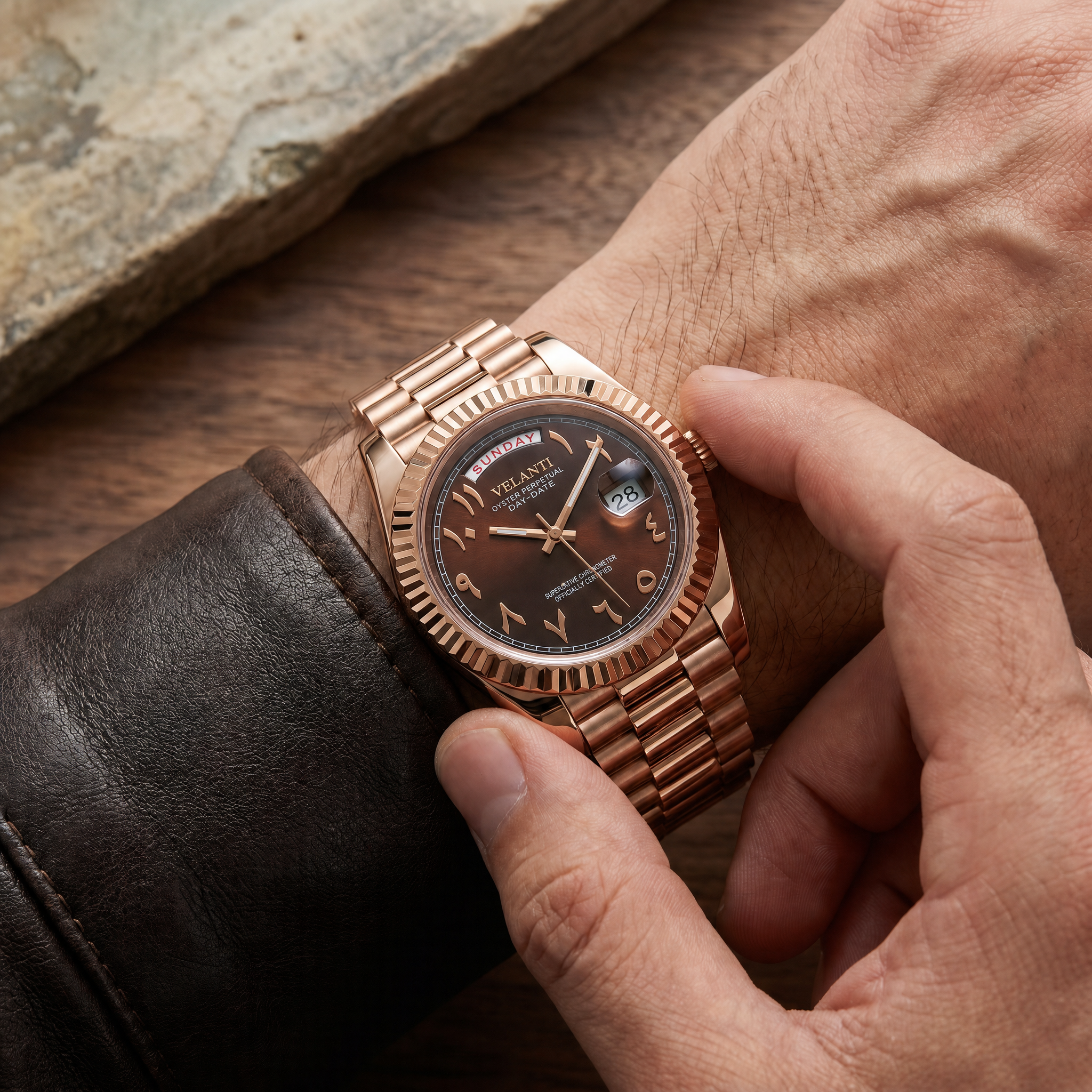 Datejust-style automatic watch, Velanti Milano Veljust Daydate Rose Gold Chocolate Arabic worn on wrist photo 5