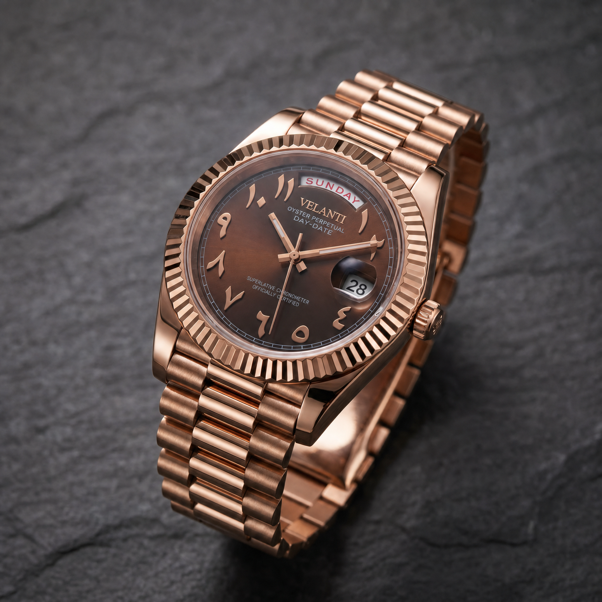 Datejust-style automatic watch, Velanti Milano Veljust Daydate Rose Gold Chocolate Arabic, watch detail photo
