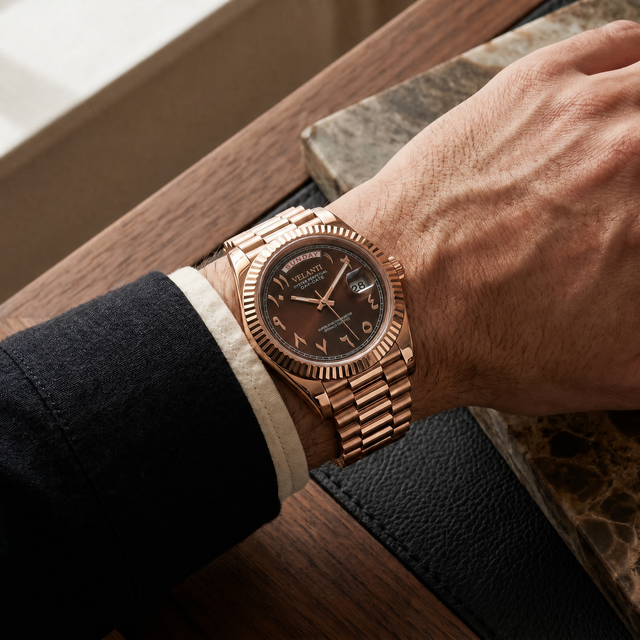 Datejust-style automatic watch, Velanti Milano Veljust Daydate Rose Gold Chocolate Arabic worn on wrist photo 7