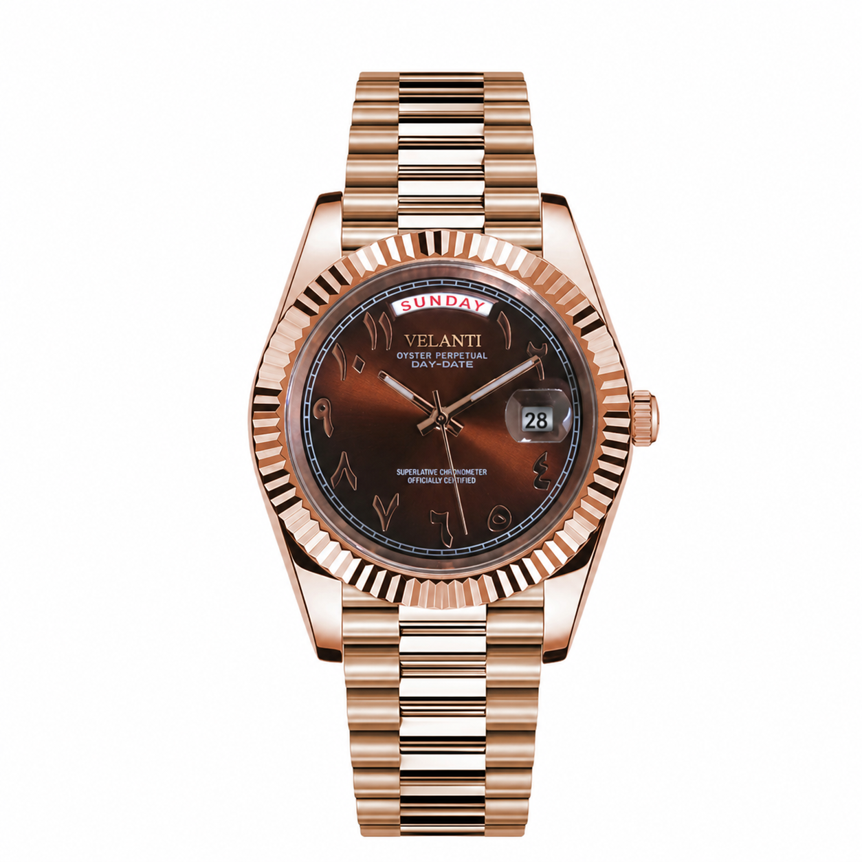 Datejust-style automatic watch, Velanti Milano Veljust Daydate Rose Gold Chocolate Arabic, main product photo