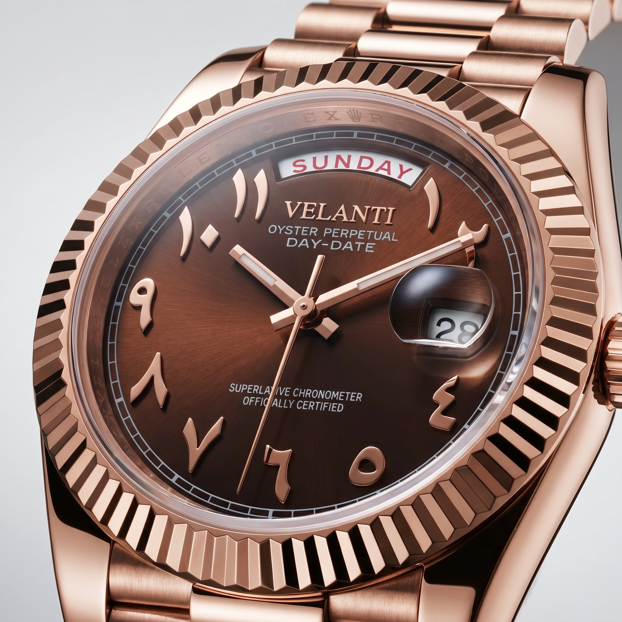 Datejust-style automatic watch, Velanti Milano Veljust Daydate Rose Gold Chocolate Arabic, product photo 2