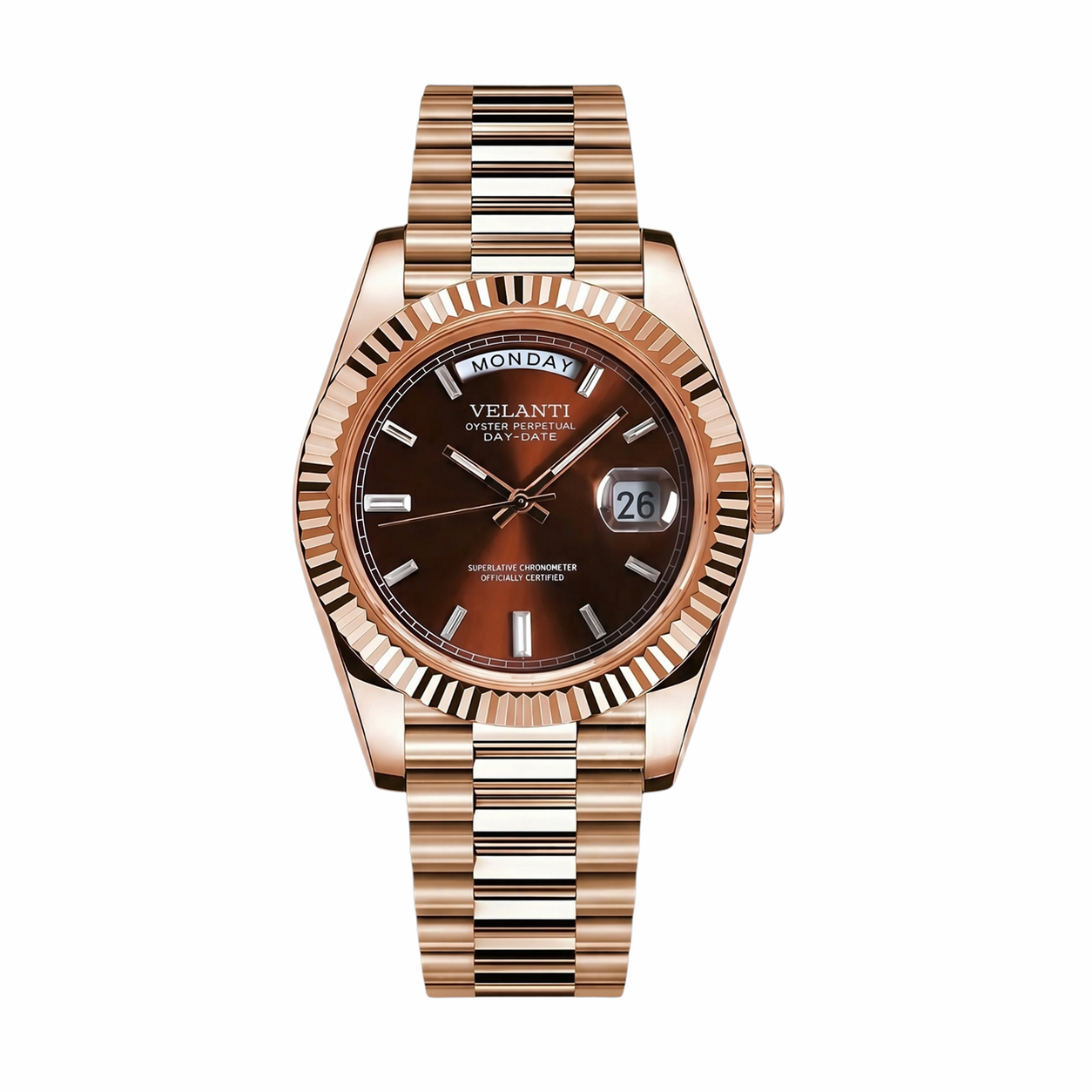 Datejust-style automatic watch, Velanti Milano Veljust Daydate Rose Gold Chocolate Crystals, main product photo