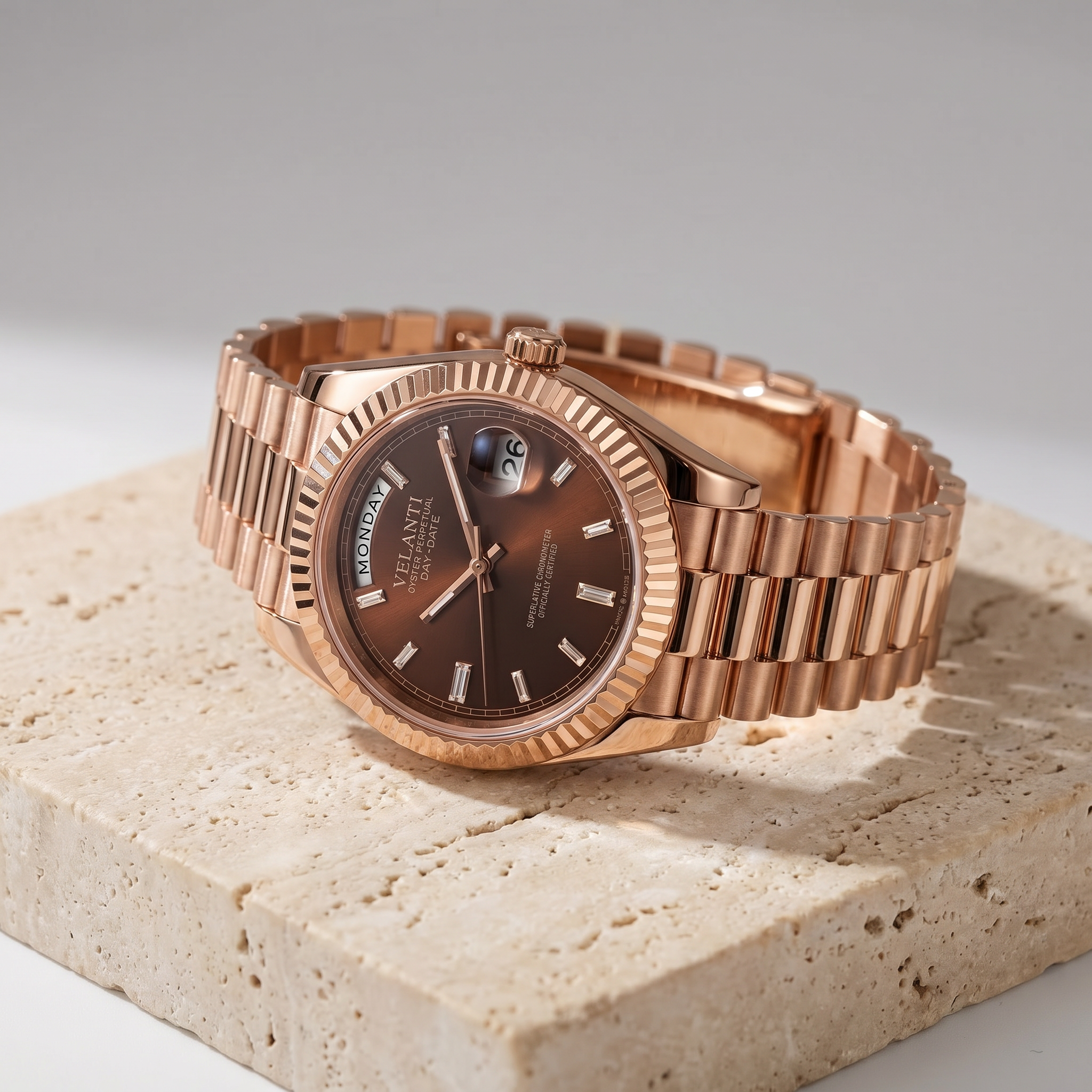Datejust-style automatic watch, Velanti Milano Veljust Daydate Rose Gold Chocolate, product photo 2