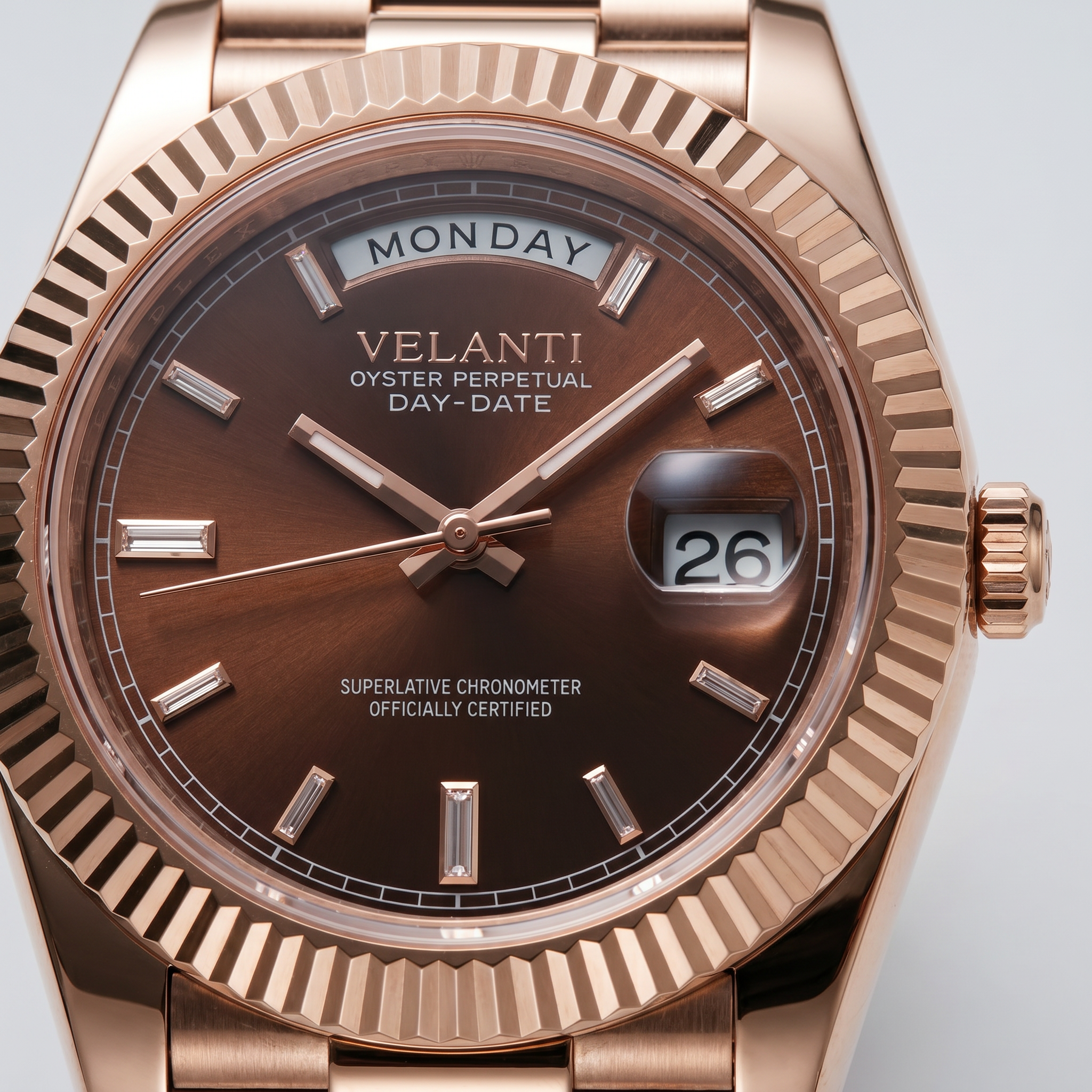 Datejust-style automatic watch, Velanti Milano Veljust Daydate Rose Gold Chocolate, product photo 3