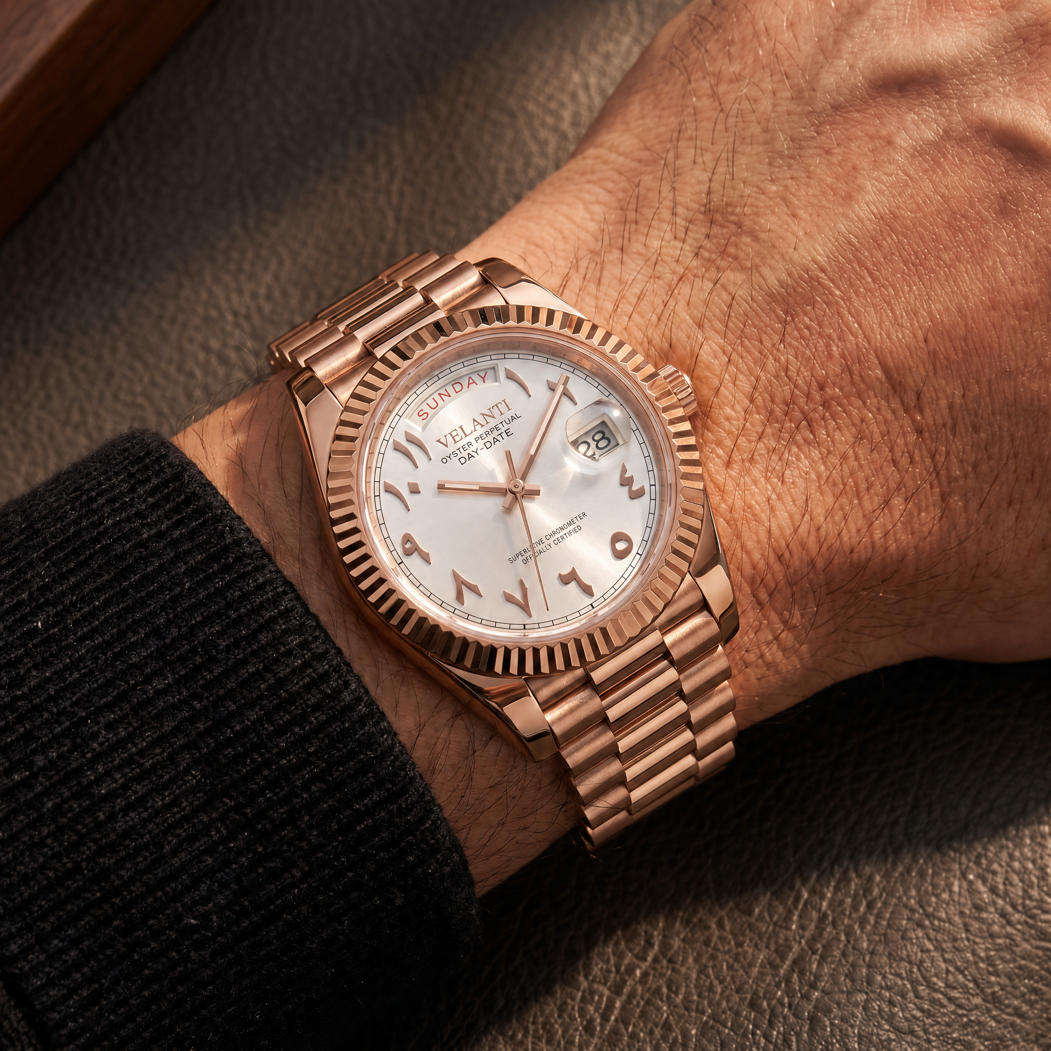 Datejust-style automatic watch, Velanti Milano Veljust Daydate Rose Gold White Arabic worn on wrist photo 2