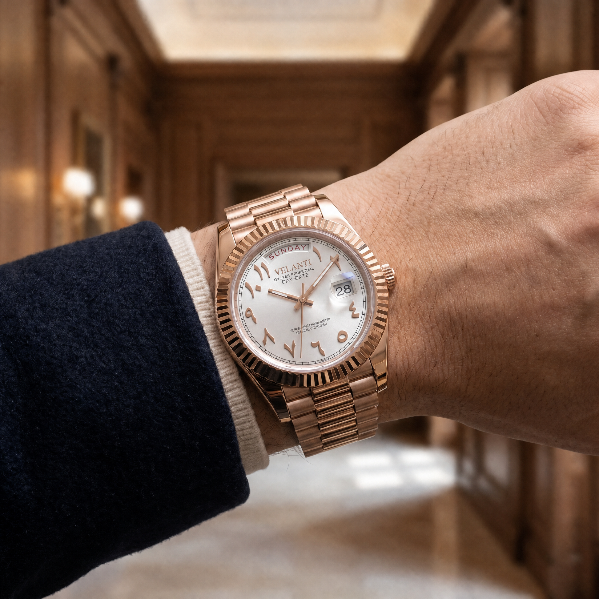 Datejust-style automatic watch, Velanti Milano Veljust Daydate Rose Gold - White Arabic, product photo 4