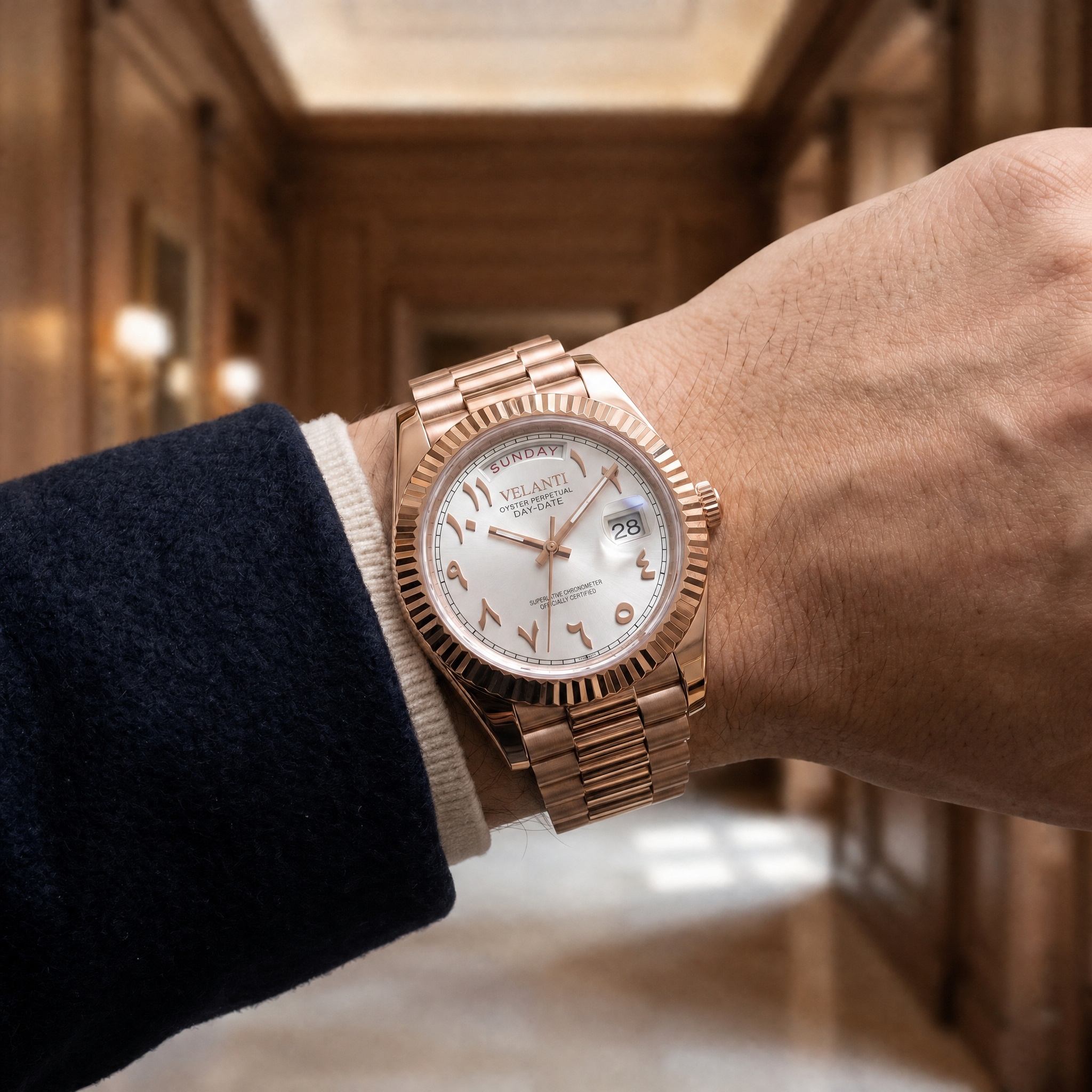 Datejust-style automatic watch, Velanti Milano Veljust Daydate Rose Gold White Arabic, product photo 4