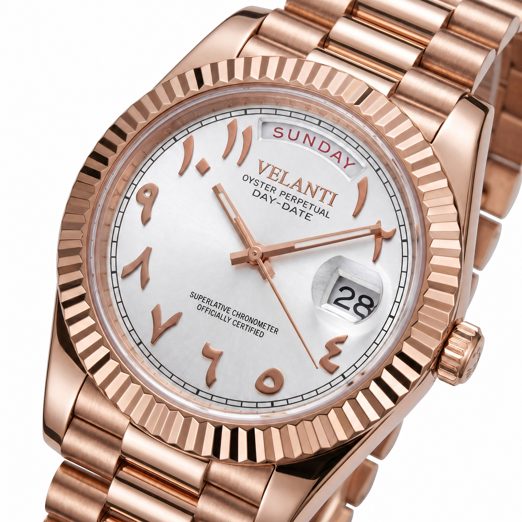 Datejust-style automatic watch, Velanti Milano Veljust Daydate Rose Gold White Arabic, watch detail photo