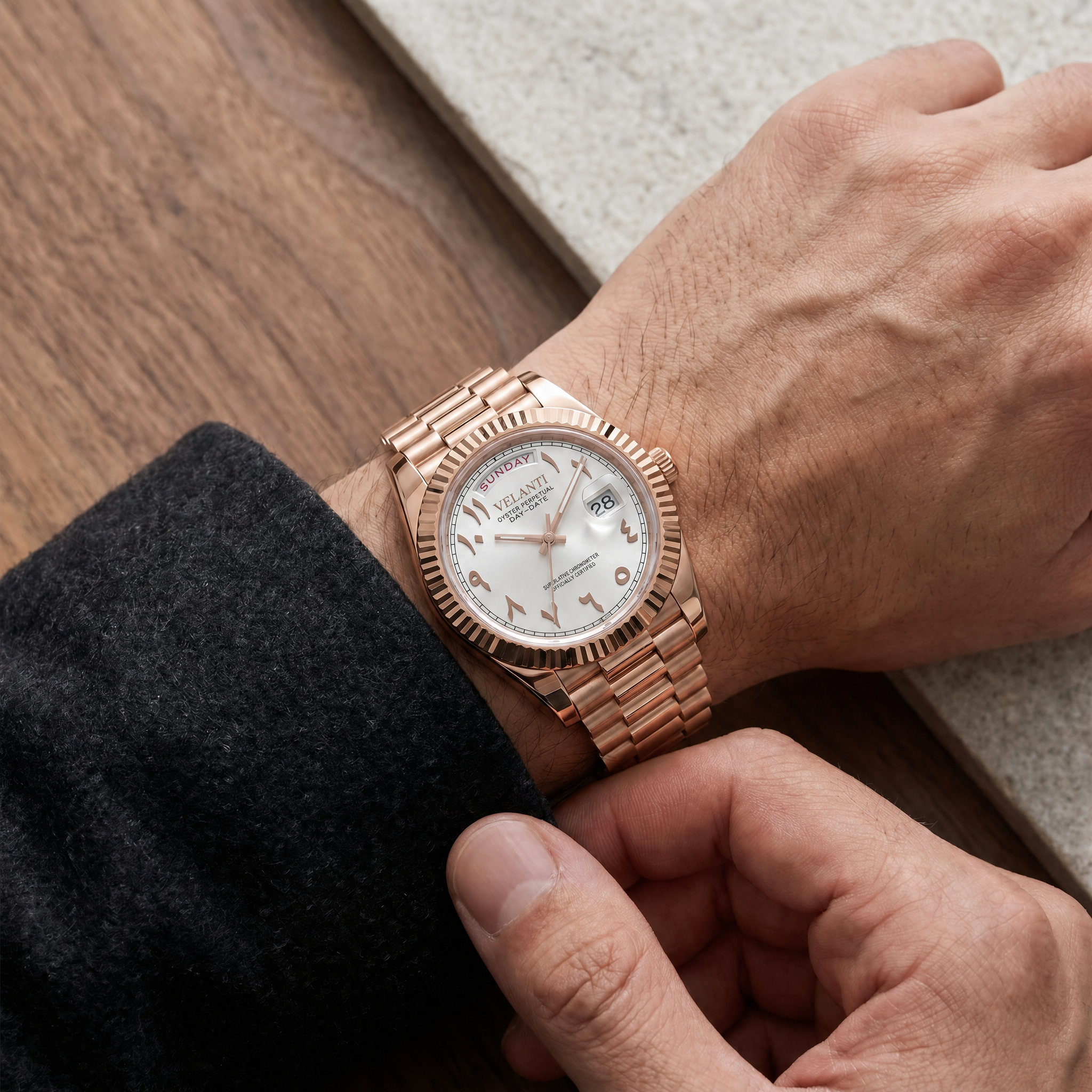 Datejust-style automatic watch, Velanti Milano Veljust Daydate Rose Gold White Arabic worn on wrist photo 7