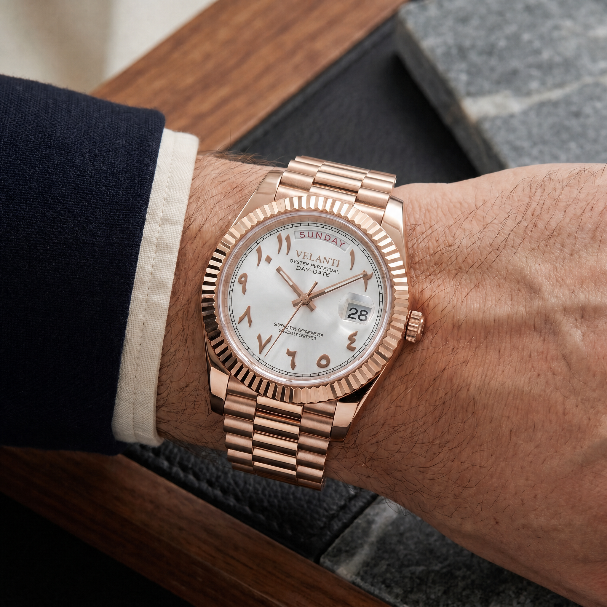 Datejust-style automatic watch, Velanti Milano Veljust Daydate Rose Gold White Arabic worn on wrist photo 8
