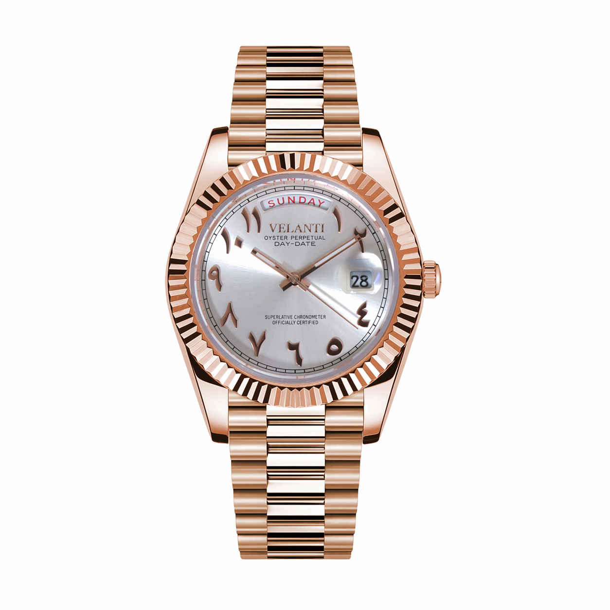 Datejust-style automatic watch, Velanti Milano Veljust Daydate Rose Gold White Arabic, main product photo