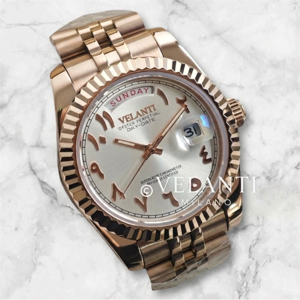 Datejust-style automatic watch, Velanti Milano Veljust Daydate Rose Gold White Arabic, product photo 3