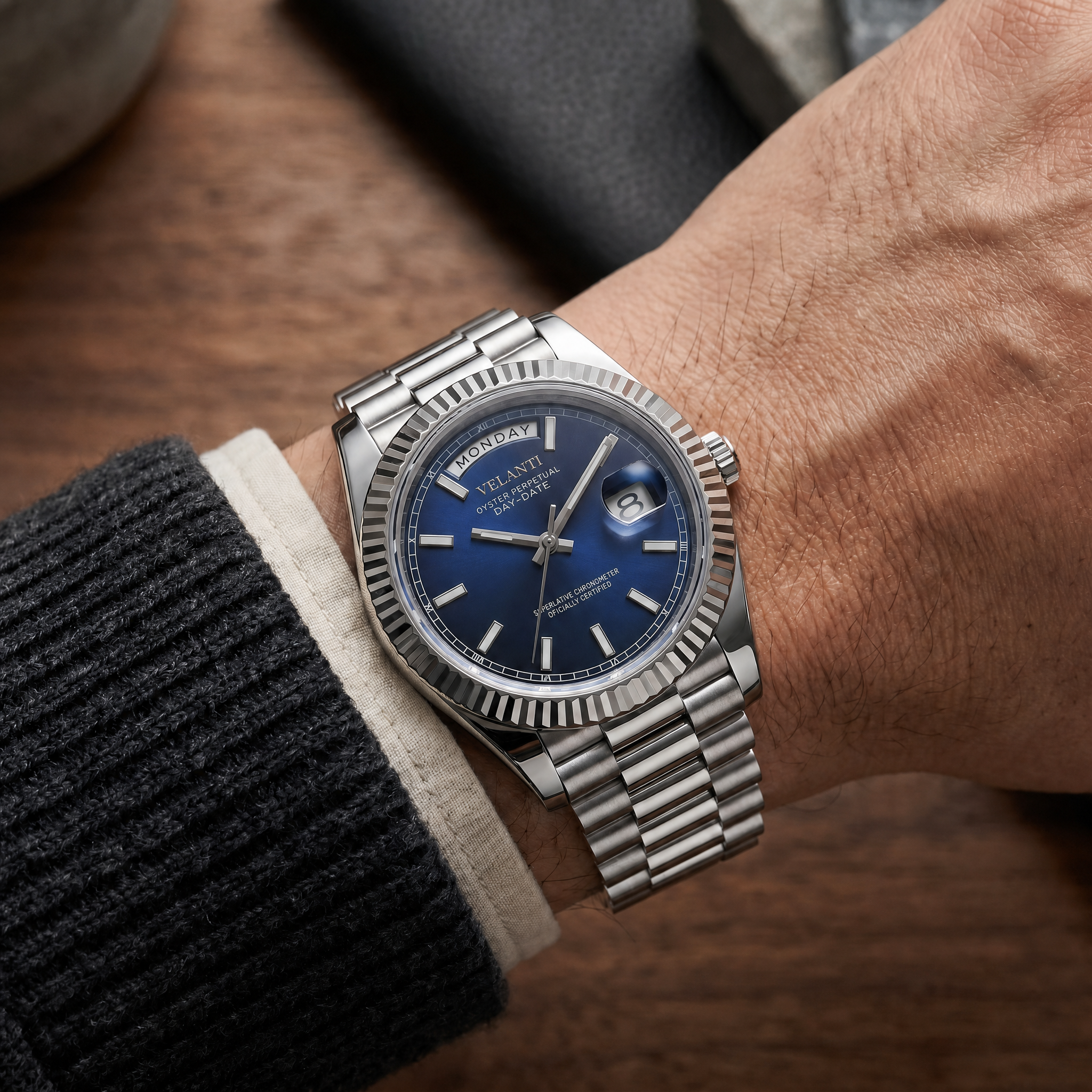 Datejust-style automatic watch, Velanti Milano Veljust Daydate Royal Blue, product photo 7